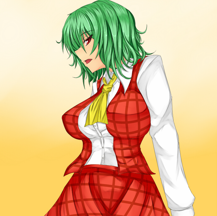 1girl ascot ashima_takumi breasts female_focus green_hair impossible_clothes impossible_shirt kazami_yuuka large_breasts necktie open_mouth plaid_clothes plaid_skirt plaid_vest red_eyes shirt sideways_mouth skirt skirt_set solo touhou vest xeqj