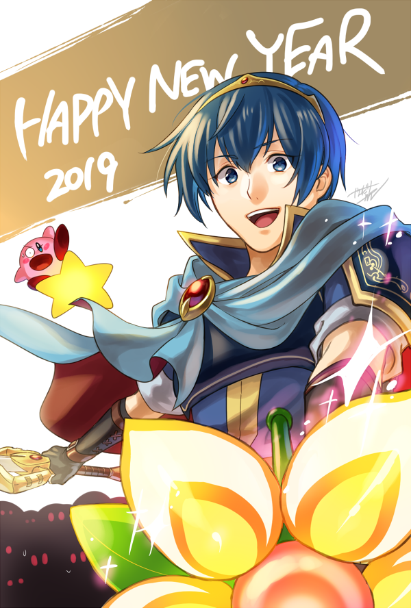 1boy 1other 2019 blue_eyes blue_hair cape commentary_request fire_emblem fire_emblem:_mystery_of_the_emblem happy_new_year holding holding_sword holding_weapon jandara_rin kirby kirby_(series) marth_(fire_emblem) new_year nintendo open_mouth short_hair signature super_smash_bros. sword tiara two-sided_cape two-sided_fabric warp_star weapon