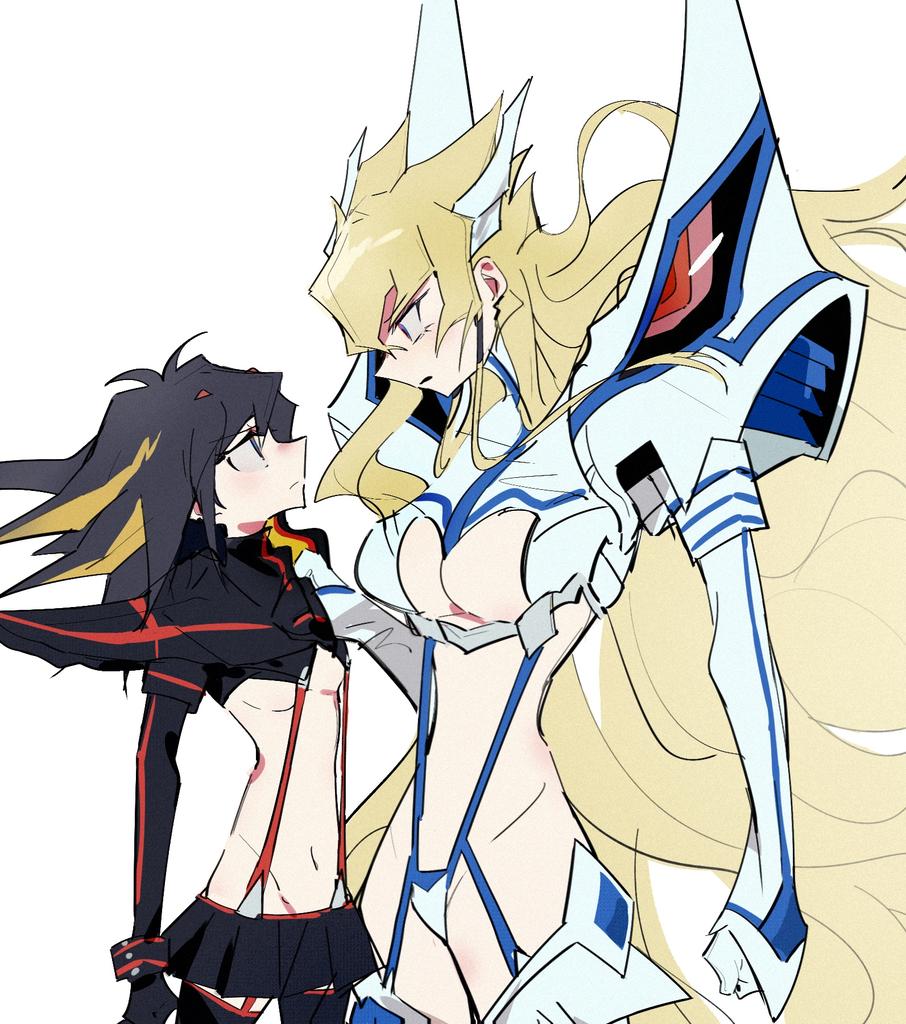 2girls ac_warlock black_hair blonde_hair blue_eyes breasts cosplay crossover fudo_yusei genderswap genderswap_(mtf) gloves jack_atlas kill_la_kill kiryuuin_satsuki kiryuuin_satsuki_(cosplay) living_clothes long_hair looking_at_another matoi_ryuuko matoi_ryuuko_(cosplay) multiple_girls navel revealing_clothes skirt thighhighs yu-gi-oh! yu-gi-oh!_5d&#039;s