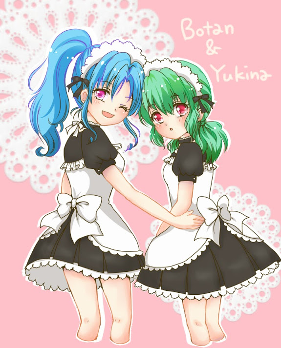 2girls aqua_hair bad_id bad_pixiv_id blue_hair blush botan_(yu_yu_hakusho) breasts commentary_request green_hair long_hair looking_at_viewer maid multiple_girls open_mouth ponytail red_eyes reira_(reomimi0211) smile yukina_(yu_yu_hakusho) yuu_yuu_hakusho