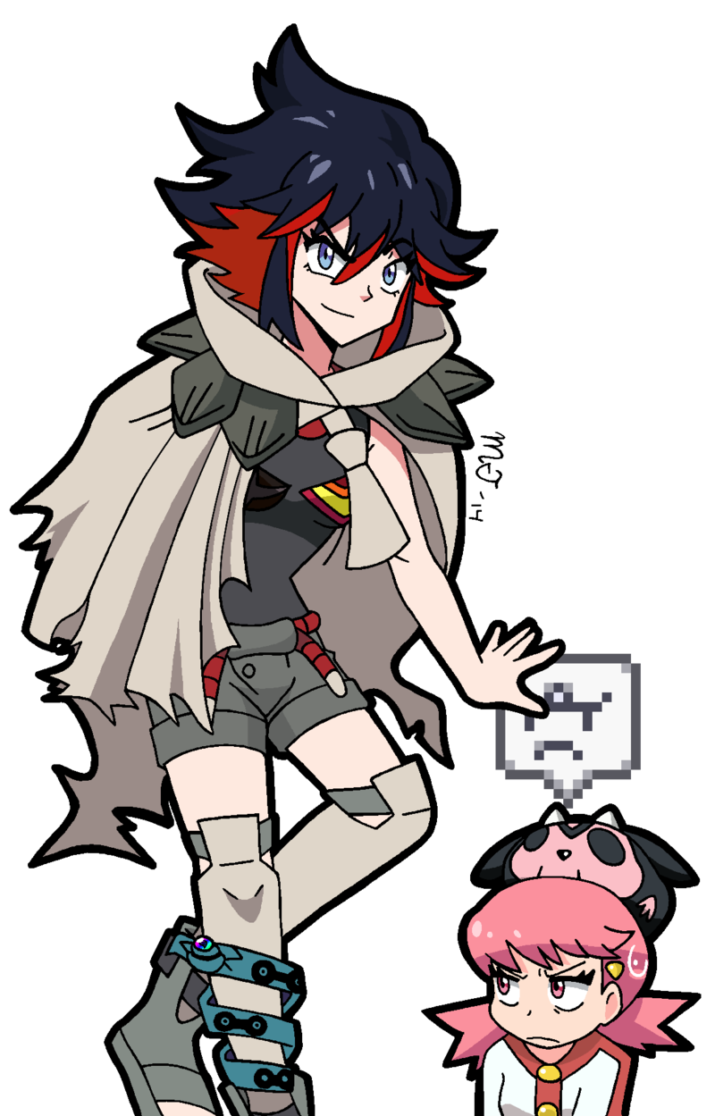 &gt;:( 2girls angry animal animal_on_head anklet belt black_hair breasts cape cosplay crossover dated flipped_hair frown gem gen_2_pokemon hair_ornament hairclip highres jakuzure_nonon jewelry kill_la_kill light_smile looking_at_another looking_at_viewer margaritataichou matoi_ryuuko md5_mismatch mergeritter miltank multicolored_hair multiple_girls nintendo on_head outline pink_eyes pink_hair pixelated pokemon pokemon_(creature) pokemon_on_head red_hair resolution_mismatch sandals senketsu short_hair short_twintails shorts sidelocks signature small_breasts smile source_larger spiked_hair standing thighhighs torn_cape torn_clothes transparent_background twintails two-tone_hair v-shaped_eyebrows white_background whitney_(pokemon) whitney_(pokemon)_(cosplay) zettai_ryouiki zinnia_(pokemon) zinnia_(pokemon)_(cosplay)