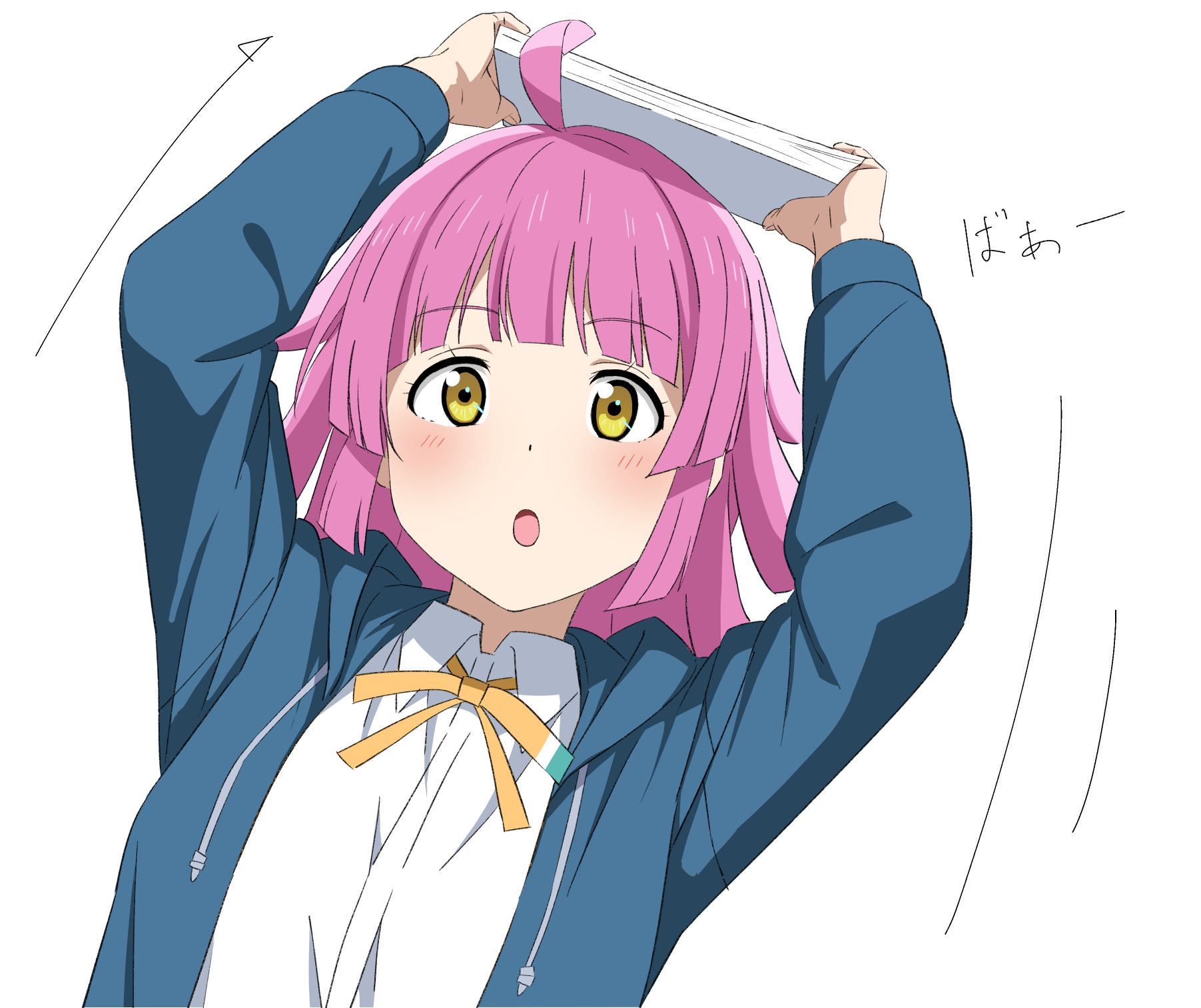 1girl :o ahoge arms_up arrow_(symbol) blue_jacket blunt_bangs blunt_ends blush collared_shirt commentary dress_shirt hatenoga highres holding hood hooded_jacket jacket kishimen_hair long_sleeves looking_ahead love_live! love_live!_nijigasaki_high_school_idol_club medium_hair neck_ribbon nijigasaki_school_uniform open_mouth pink_hair ribbon school_uniform shirt simple_background solo tennoji_rina upper_body white_background white_shirt winter_uniform yellow_eyes yellow_ribbon