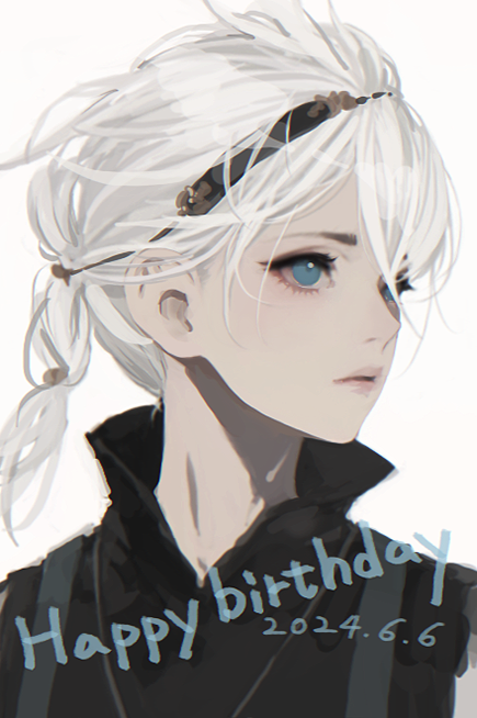 1boy black_hairband blue_eyes braid braided_ponytail commentary d.k dated english_commentary expressionless facing_to_the_side folded_braid hair_behind_ear hair_over_one_eye hairband happy_birthday high_collar jewelry lips long_hair looking_to_the_side male_focus necklace nier nier_(brother) nier_(series) portrait simple_background solo white_background white_hair