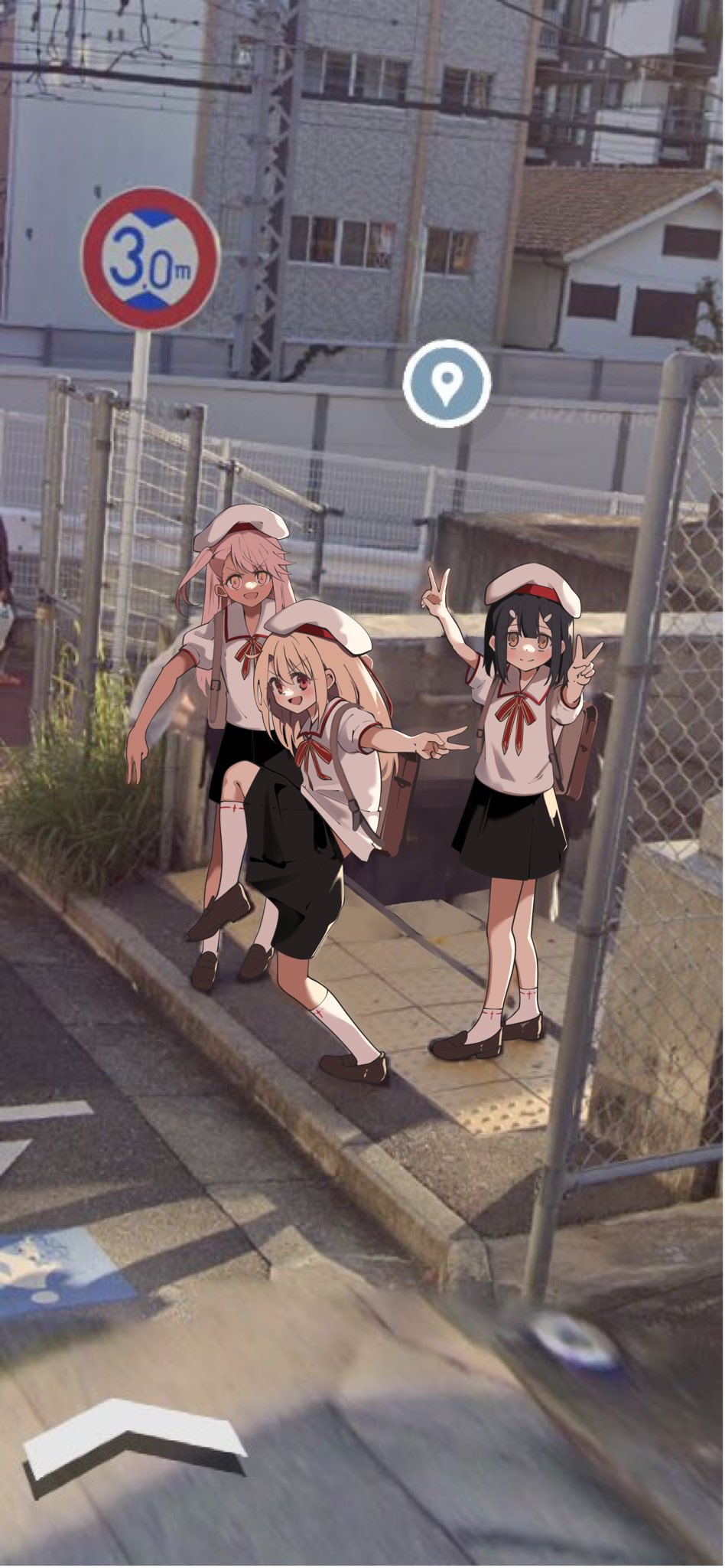 3girls beret black_hair black_skirt blush breasts brown_eyes chain-link_fence chloe_von_einzbern collared_shirt dark-skinned_female dark_skin double_v fate/kaleid_liner_prisma_illya fate_(series) fence google_maps google_street_view hair_ornament hairclip hat high_school_girls_posing_for_google_street_view_(meme) highres homurabara_academy_school_uniform illyasviel_von_einzbern kneehighs long_hair looking_at_viewer meme miyu_edelfelt multiple_girls neck_ribbon open_mouth orange_eyes pei_iriya pink_hair puffy_short_sleeves puffy_sleeves red_eyes red_ribbon ribbon road_sign sailor_collar school_uniform shirt short_sleeves sidelocks sidewalk sign skirt small_breasts smile socks v white_hair white_hat white_sailor_collar white_shirt