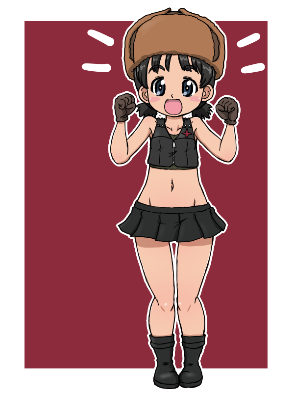 1girl adapted_costume black_boots black_eyes black_hair black_skirt black_vest boots breasts brown_gloves brown_hat clenched_hands collarbone girls_und_panzer gloves groin hands_up hat miniskirt navel nina_(girls_und_panzer) open_mouth outline pravda_military_uniform red_background short_hair short_twintails simple_background skirt small_breasts smile takahashi_kurage twintails ushanka vest white_outline