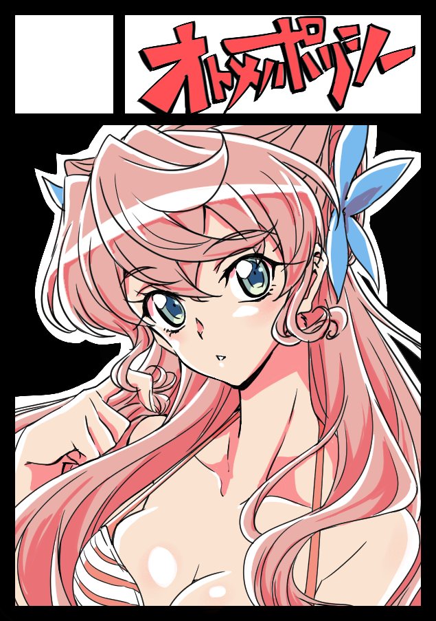 1girl blue_eyes breasts cleavage fujimoto_satoru hair_between_eyes hair_ornament long_hair looking_at_viewer maria_cadenzavna_eve medium_breasts pink_hair playing_with_hair senki_zesshou_symphogear solo