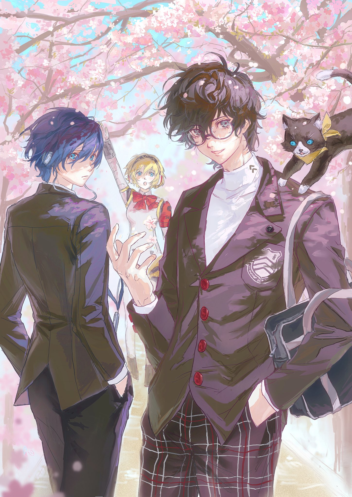 1girl 2boys :o aigis_(persona) amamiya_ren animal animal_on_shoulder arm_up armband bag black-framed_eyewear black_cat black_hair black_jacket black_pants blonde_hair blue_eyes blue_hair blurry bow bowtie breast_pocket buttons cat cherry_blossoms closed_mouth commentary_request curly_hair dappled_sunlight depth_of_field digital_media_player digital_walkman duffel_bag earphones falling_flower falling_petals gekkoukan_high_school_uniform glasses hair_between_eyes hand_in_pocket hand_up hands_in_pockets high_collar highres jacket joints lapel_pin lapels long_sleeves looking_at_viewer mechanical_arms mechanical_hands mechanical_legs morgana_(cat)_(persona_5) morgana_(persona_5) multiple_boys neckerchief notched_lapels open_mouth pants persona persona_3 persona_3_reload persona_5 persona_5_the_royal petals plaid_clothes plaid_pants pocket red_armband red_bow red_bowtie red_button robot_ears robot_girl robot_joints s.e.e.s school_uniform shirt short_hair shuujin_academy_school_uniform smile standing sunlight turning_head v-neck walkman_nw-s203f waving white_shirt xiaorourose yellow_neckerchief yuuki_makoto_(persona_3)