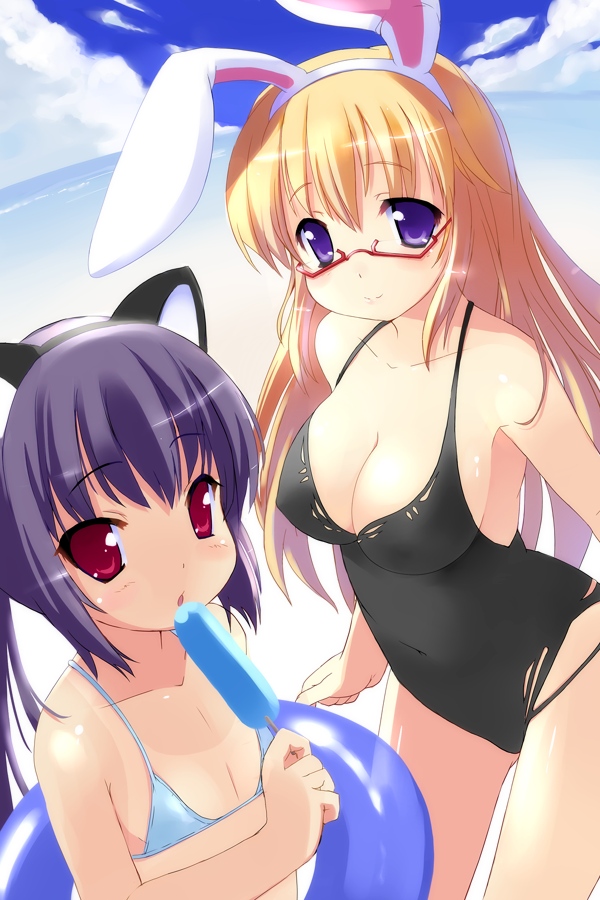 2girls :o age_difference animal_ears arin bikini blonde_hair blush breasts cat_ears cleavage cloud day fhara fisheye flat_chest food glasses innertube kooh large_breasts long_hair micro_bikini multiple_girls ocean one-piece_swimsuit one-piece_tan outdoors pangya ponytail popsicle purple_eyes purple_hair rabbit_ears red-framed_eyewear red_eyes semi-rimless_eyewear shiny_skin sky smile swim_ring swimsuit tan tanline water