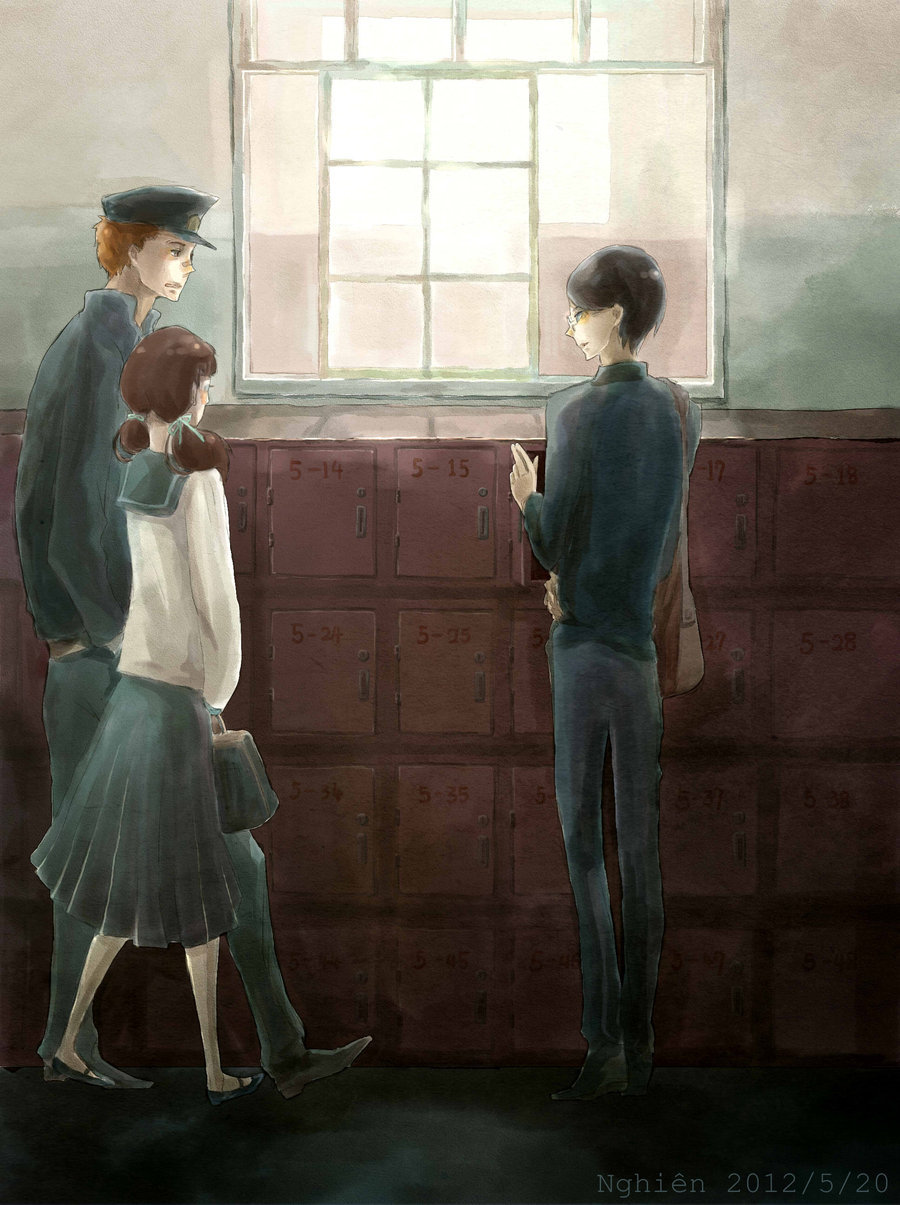 1girl 2boys back bag black_hair black_jacket black_pants blonde_hair cross_scar eye_contact facial_scar full_body gakuran glasses hat highres holding holding_bag indoors inputanimeoutput jacket kawabuchi_sentarou locker looking_at_another military_hat mukae_ritsuko multiple_boys nishimi_kaoru open_clothes open_jacket painterly pants sailor_collar sakamichi_no_apollon scar scar_on_cheek scar_on_face school_bag school_uniform short_hair skirt