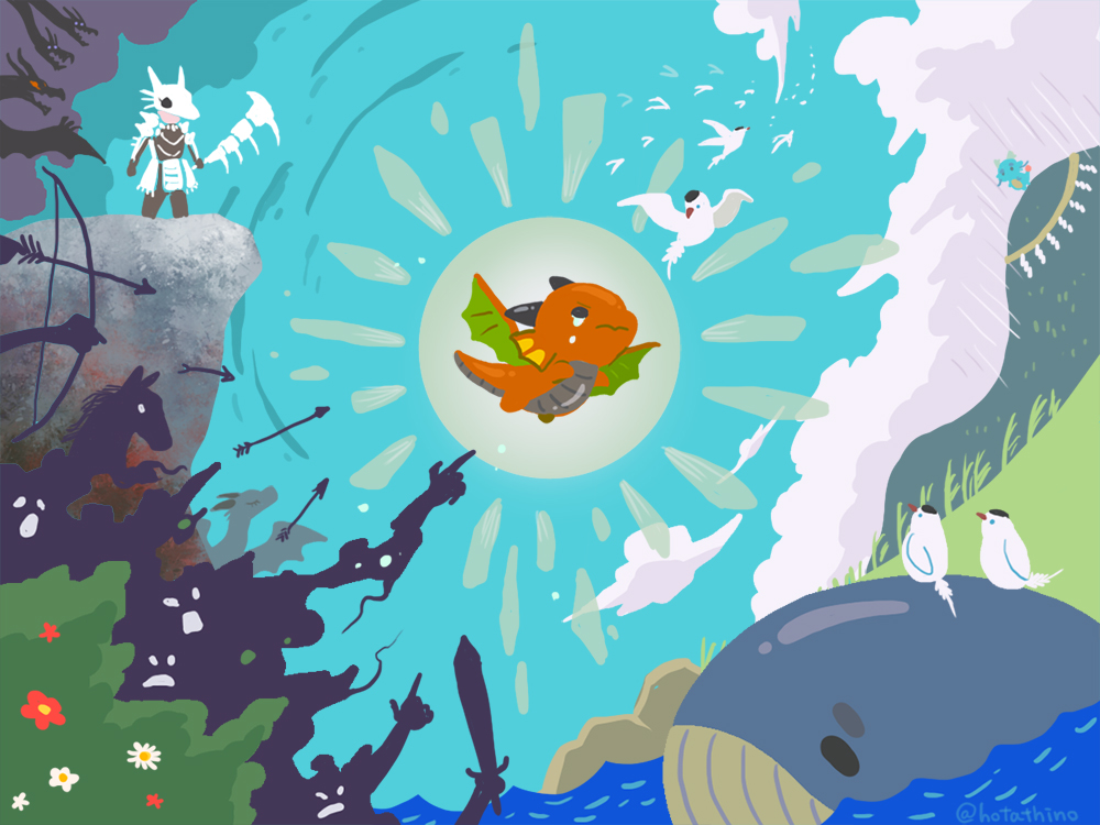 1other ambiguous_gender animal bird commentary_request dragon flying full_body hotathino ocean original outdoors skull-shaped_hat western_dragon whale