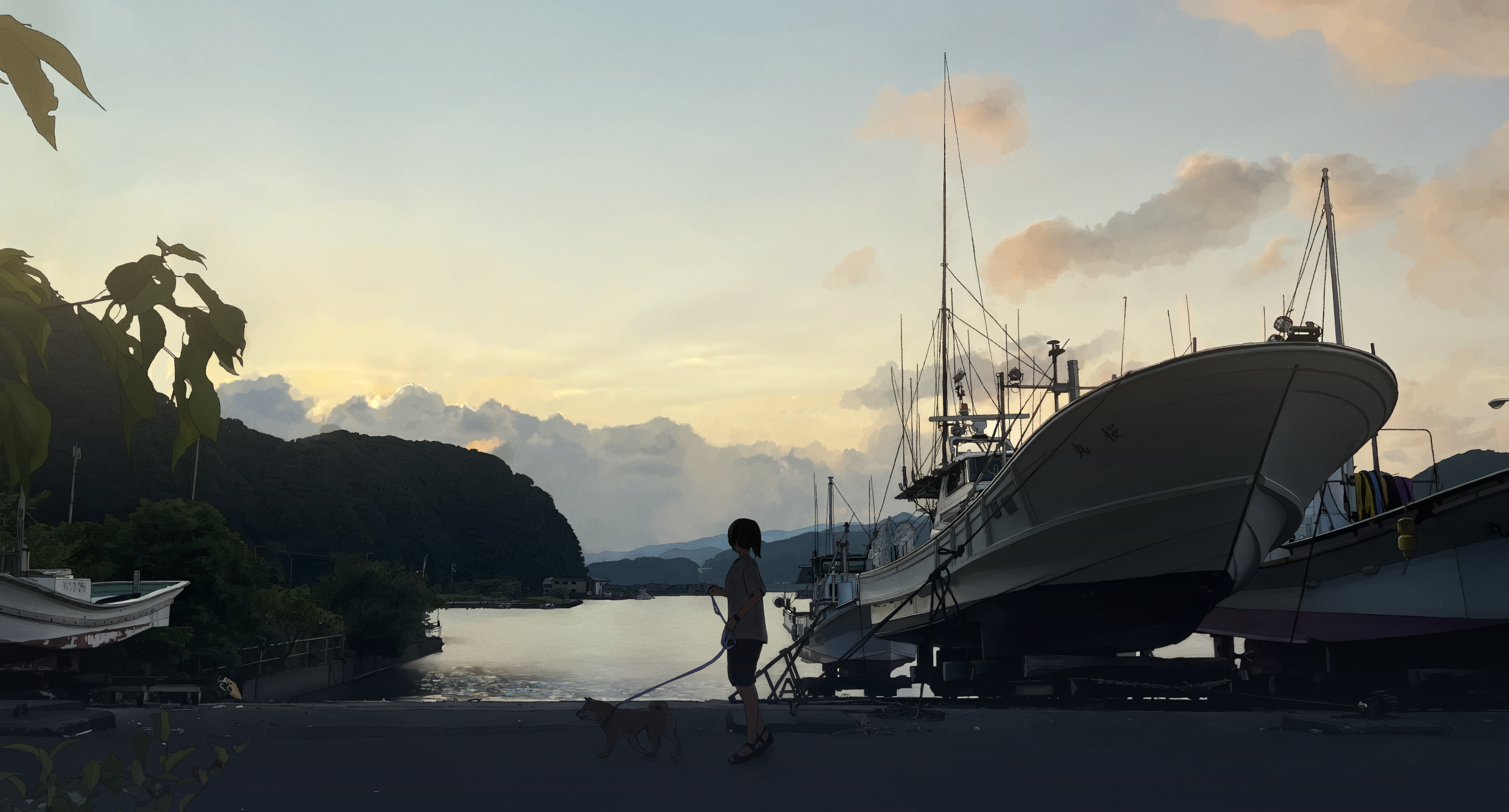 1girl black_hair blue_shorts boat cloud commentary_request dog highres medium_hair ocean original pet_walking photo-referenced ponytail real_world_location scenery short_sleeves shorts solo unagi189 watercraft wide_shot