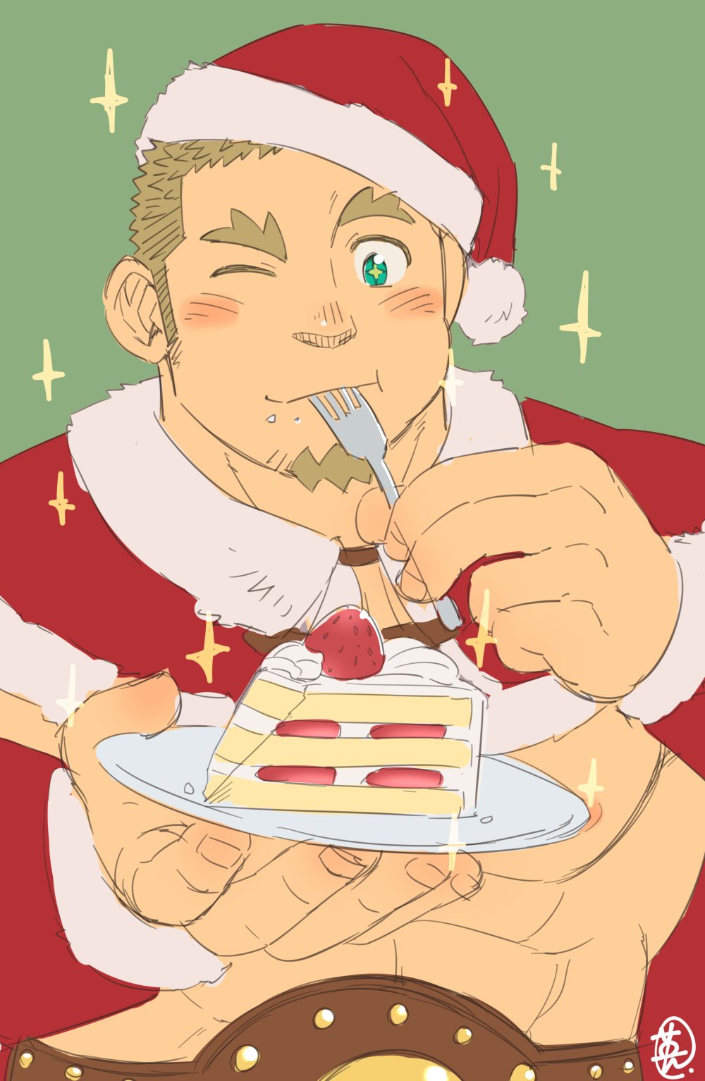 1boy alternate_costume bara blonde_hair cake crave_saga eating ei_(marutendon) epaulo_(crave_saga) facial_hair food fork forked_eyebrows goatee happy hat highres holding holding_fork large_hands large_pectorals long_sideburns male_focus muscular muscular_male nipples one_eye_closed pectorals sanpaku santa_costume santa_hat short_hair sideburns solo sparkle sparkling_aura star-shaped_pupils star_(symbol) strawberry_shortcake symbol-shaped_pupils underpec unfinished upper_body