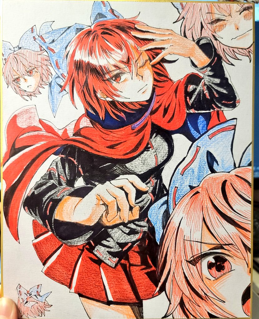 1girl black_shirt blue_bow bow breasts cape cloak closed_eyes closed_mouth disembodied_head floating_head hair_bow kuya_(hey36253625) long_sleeves miniskirt multiple_heads one_eye_closed open_mouth pleated_skirt red_cape red_cloak red_eyes red_hair red_skirt ribbon-trimmed_bow ribbon_trim sekibanki shirt short_hair simple_background skirt small_breasts solo touhou traditional_media white_background