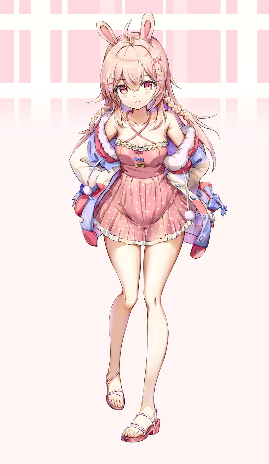 1girl :3 ahoge animal_ears blue_bow blue_jacket bow braid breasts buttons closed_mouth collarbone dress fii_fii_(feefeeowo) full_body hair_bow hair_ornament heart heart_hair_ornament highres jacket long_hair multicolored_jacket open_clothes open_jacket phase_connect pink_bow pink_dress pink_eyes pink_hair pink_jacket pink_shoes pipkin_pippa polka_dot polka_dot_dress pom_pom_(clothes) rabbit_ears rabbit_hair_ornament sandals shoes small_breasts solo striped_clothes striped_jacket twin_braids virtual_youtuber white_jacket yellow_bow
