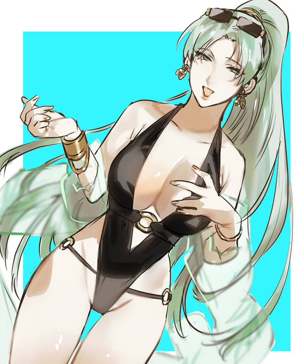 1girl bikini black-framed_eyewear black_one-piece_swimsuit blue_eyes blue_hair bracelet breasts cleavage earrings eyewear_on_head feather_earrings feathers grune_(tales) high_ponytail highleg highleg_one-piece_swimsuit highres jewelry large_breasts long_hair looking_at_viewer mikuroron o-ring o-ring_swimsuit official_alternate_costume one-piece_swimsuit open_mouth ponytail side-tie_bikini_bottom smile solo sunglasses swimsuit tales_of_(series) tales_of_asteria tales_of_legendia tales_of_the_rays very_long_hair
