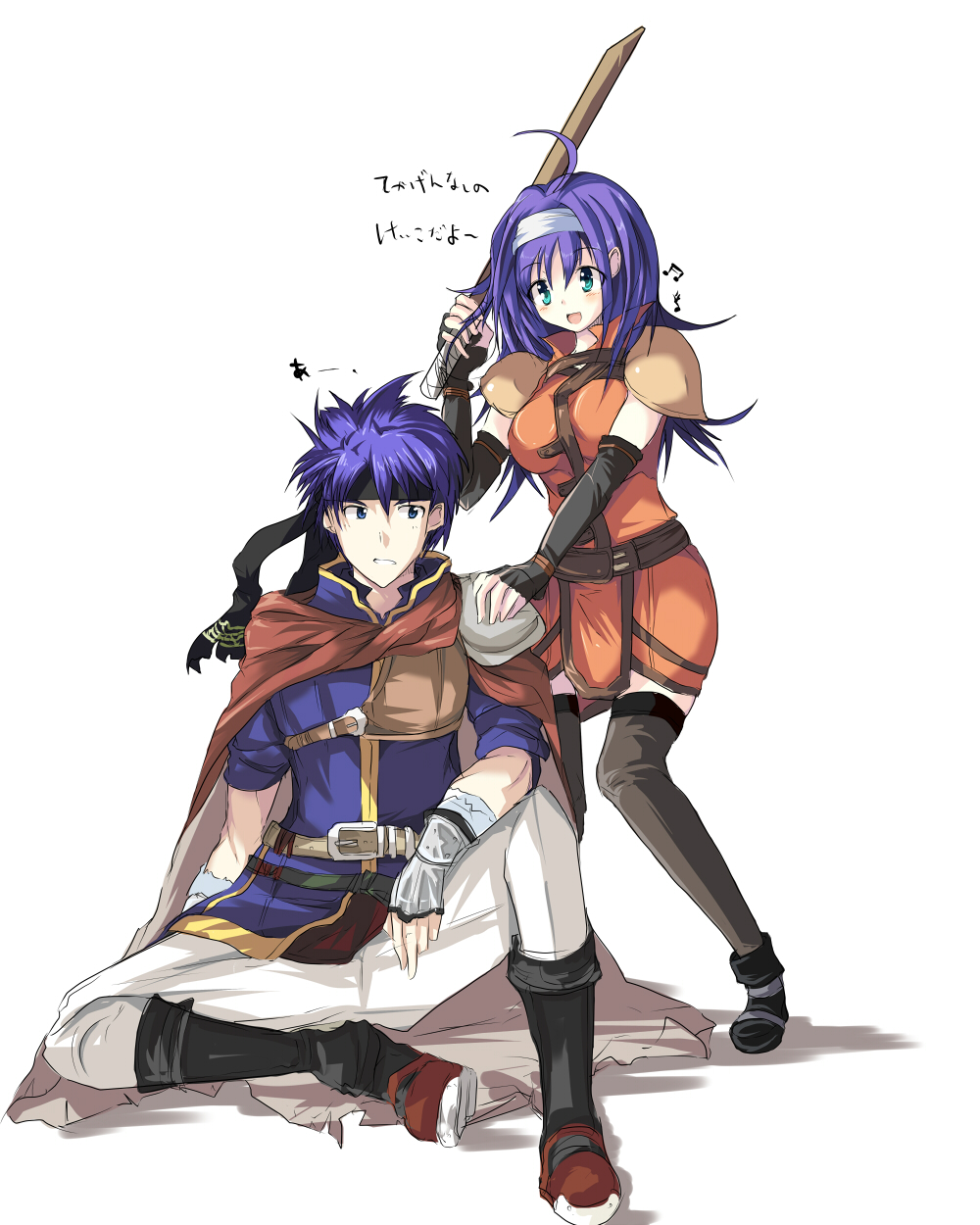 1boy 1girl :d ahoge annoyed bad_id bad_pixiv_id belt black_thighhighs blue_eyes blue_hair boots cape detached_sleeves echizen_(hvcv) fingerless_gloves fire_emblem fire_emblem:_path_of_radiance fire_emblem:_radiant_dawn gloves green_eyes hairband headband highres ike_(fire_emblem) long_hair mia_(fire_emblem) musical_note nintendo open_mouth pants shoes simple_background smile sword thighhighs translation_request weapon white_background white_pants wooden_sword