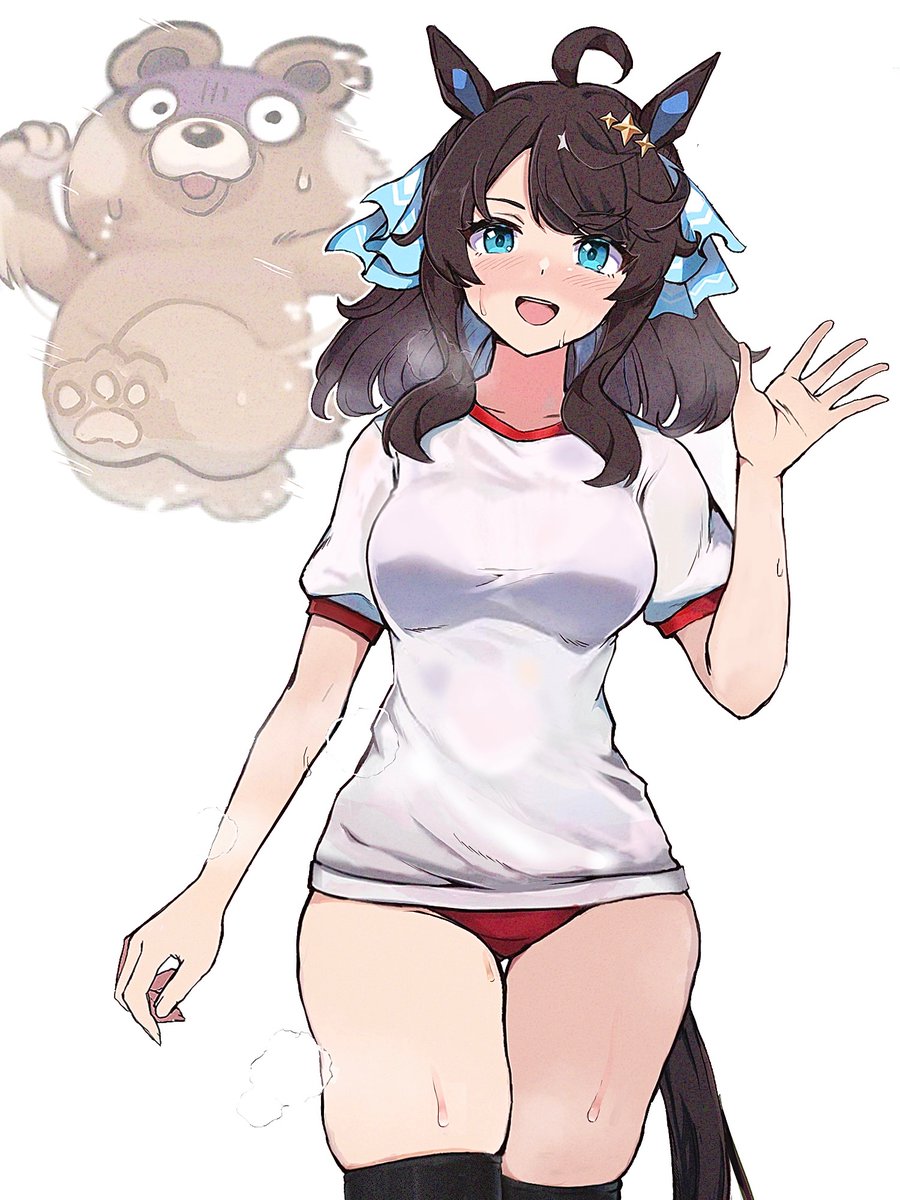 1girl ahoge animal_ears bear black_thighhighs blue_eyes breasts brown_bear brown_hair buruma commentary_request daring_tact_(umamusume) gym_uniform hand_up highres horse_ears horse_girl horse_tail kokora_(kokorahen) looking_at_viewer medium_breasts red_buruma short_sleeves solo sweat tail thighhighs thighs umamusume