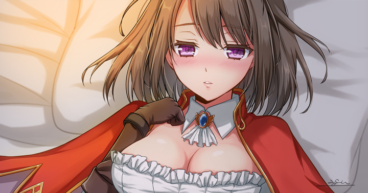 1girl 20nigu ascot biolo_(ragnarok_online) blue_brooch blush breasts brown_gloves brown_hair cape cleavage collar commentary_request detached_collar frilled_shirt frills gloves hand_up large_breasts looking_at_viewer lying medium_hair on_back paid_reward_available parted_lips pillow purple_eyes ragnarok_online red_cape shirt solo upper_body white_ascot white_collar white_shirt