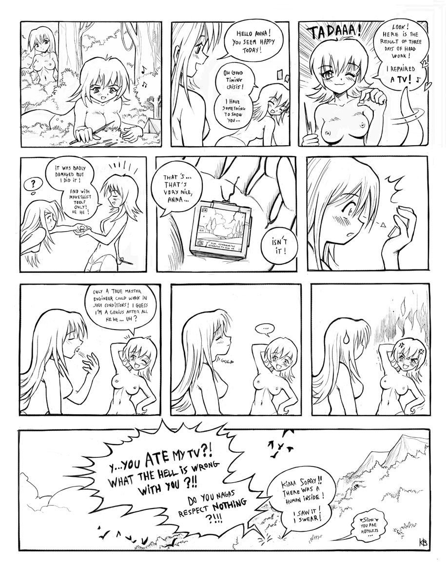 2girls angry anna_(karbo) casual_nudity crisis eating felarya giant giantess highres karbo long_hair monochrome multiple_girls nipples nude pussy short_hair smile television