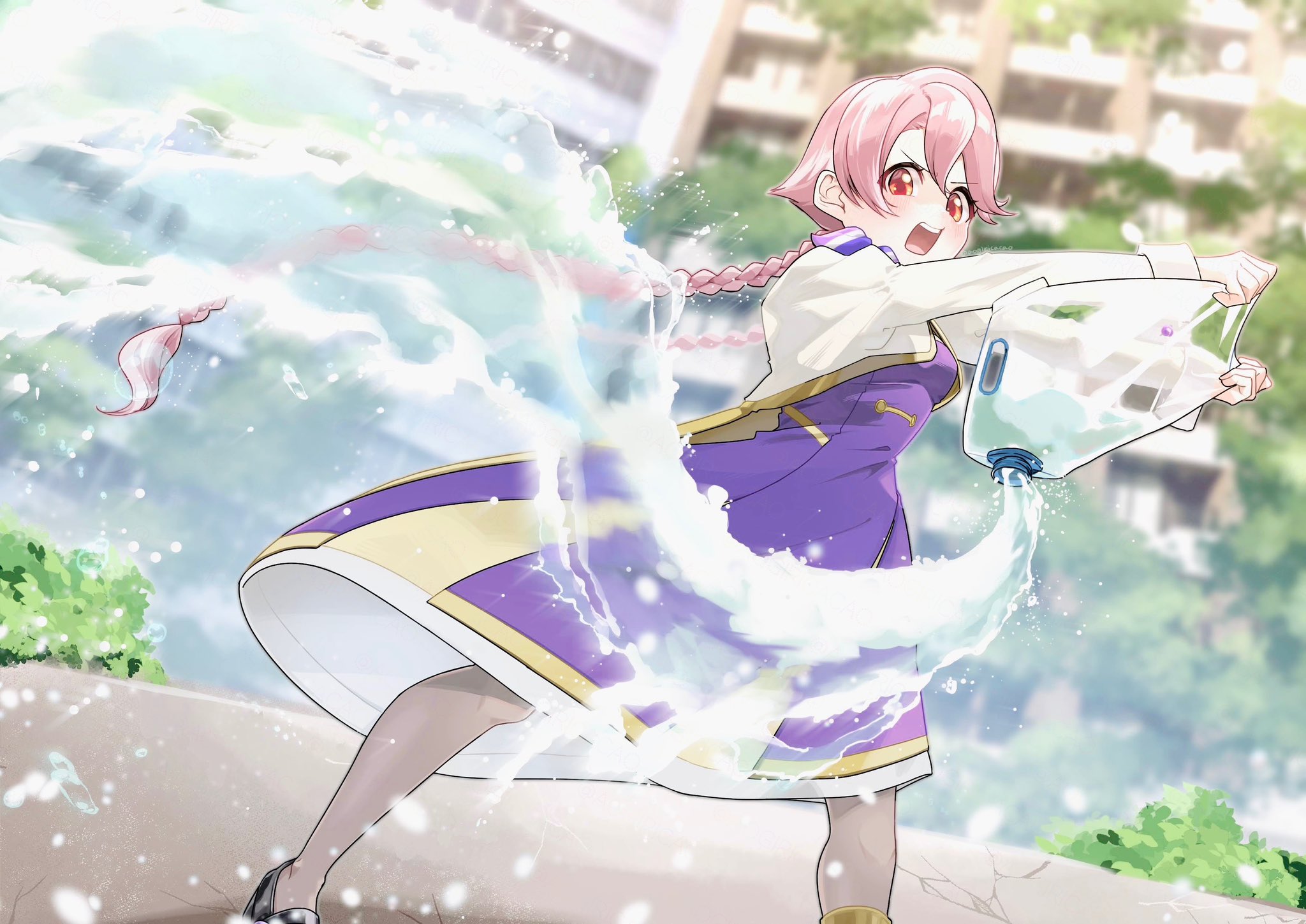 1girl aogirism apocalypse_hotel artist_name black_shoes blurry blurry_background braid breasts brown_hair building commentary cropped_jacket dress dutch_angle dynamic_pose hair_between_eyes highres jacket long_hair mary_janes open_mouth orange_eyes outdoors pantyhose plant purple_dress purple_scarf scarf shoes sleeve_cuffs small_breasts solo splashing standing teeth twin_braids twintails twitter_username upper_teeth_only very_long_hair water white_jacket yachiyo_(apocalypse_hotel)