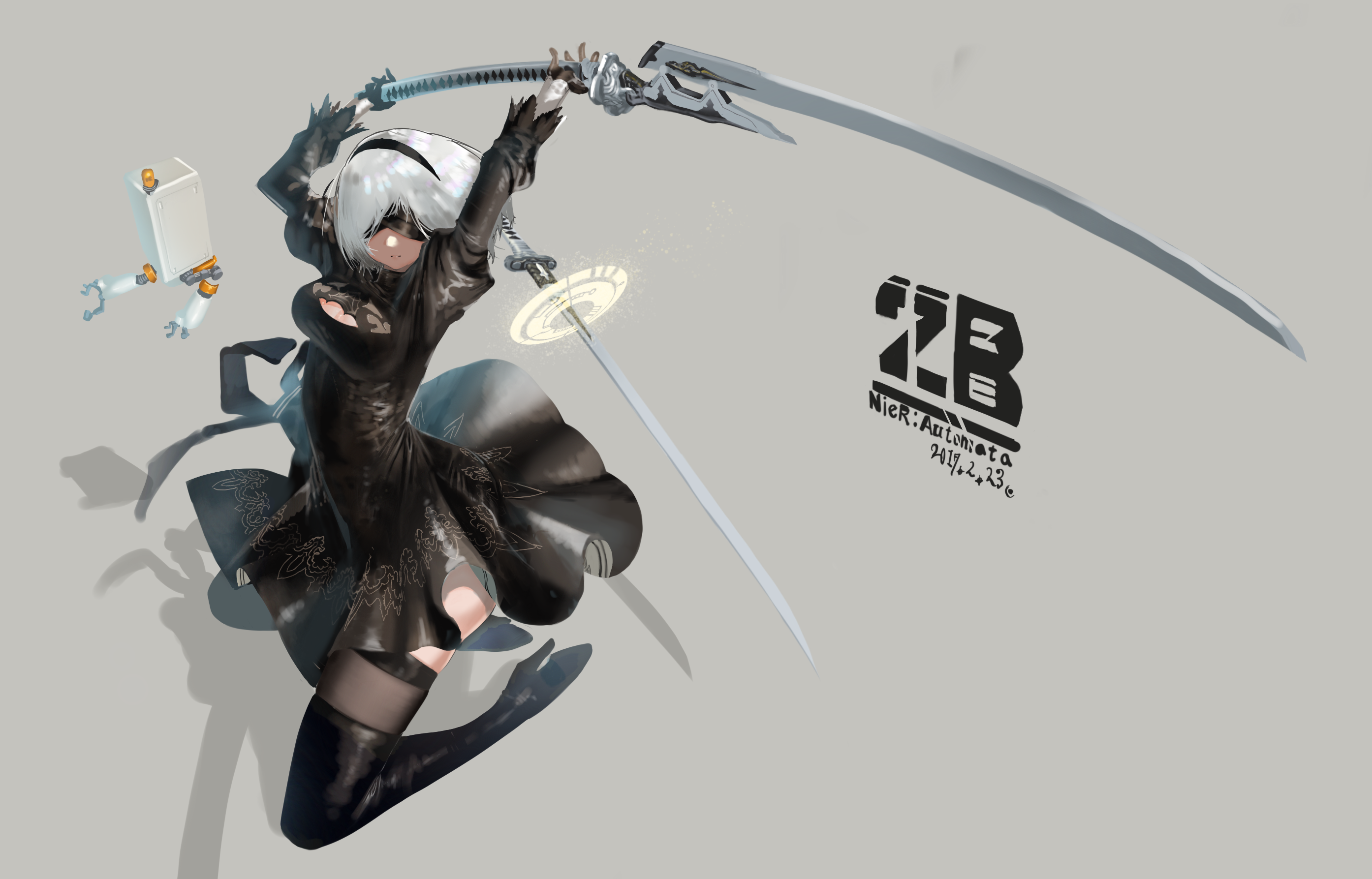 1girl 2b_(nier:automata) arms_up black_blindfold black_boots black_hairband blindfold boots breasts character_name cleavage_cutout clothing_cutout commentary copyright_name covered_eyes dated dress drone feather-trimmed_sleeves feather_trim full_body gloves grey_background hairband high_heel_boots high_heels highres holding holding_sword holding_weapon inkun juliet_sleeves katana leather leather_boots long_sleeves medium_breasts medium_hair mole mole_under_mouth nier:automata nier_(series) pod_(nier:automata) puffy_sleeves shadow skindentation sword thigh_boots thighhighs thighhighs_under_boots virtuous_contract virtuous_treaty weapon white_hair
