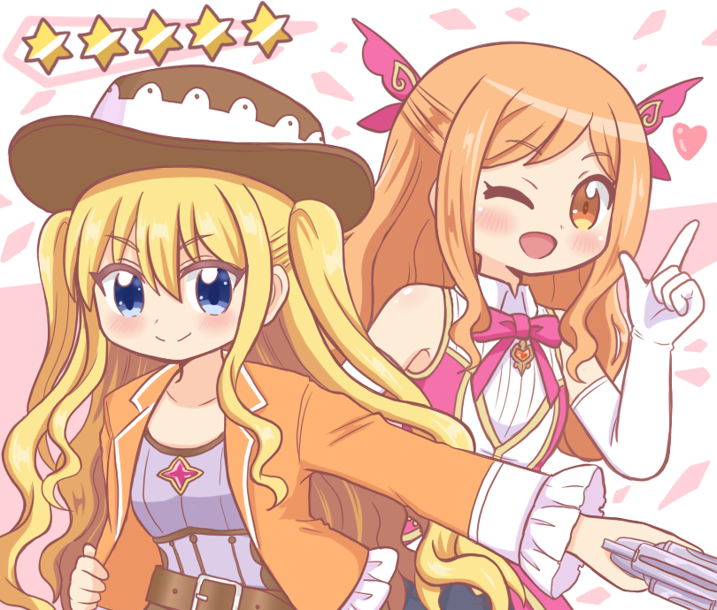 2girls :d ;d ami_ria ami_ria_(cosplay) belt blonde_hair blue_eyes blush brown_belt brown_headwear closed_mouth collared_shirt cosplay costume_switch cowboy_hat elbow_gloves eri_aimi eri_aimi_(cosplay) frilled_jacket frills gem gloves gun hair_between_eyes hair_ribbon hand_on_own_hip hand_up hat heart holding holding_gun holding_weapon index_finger_raised jacket lapels long_hair long_sleeves looking_at_viewer magia_record:_mahou_shoujo_madoka_magica_gaiden magical_girl mahou_shoujo_madoka_magica medium_hair multiple_girls one_eye_closed open_mouth orange_eyes orange_gemstone orange_hair orange_jacket pink_background pink_gemstone pink_ribbon pink_vest purple_shirt reverse_(bluefencer) ribbon shirt sidelocks sleeveless sleeveless_shirt smile split_mouth swept_bangs two_side_up upper_body very_long_hair vest wavy_hair weapon white_gloves white_shirt