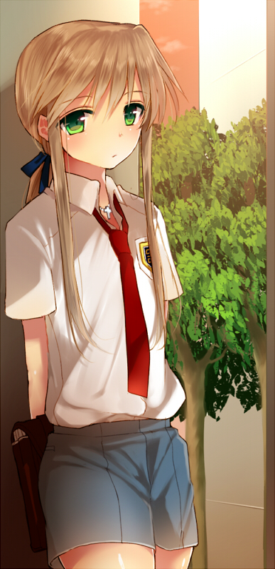 1boy aged_down androgynous bad_id bad_pixiv_id brown_hair chanta_(atama_tansan) child chousoku_spinner green_eyes hair_ribbon houjouin_seito long_hair male_focus necktie ponytail ribbon school_uniform solo square-end_necktie