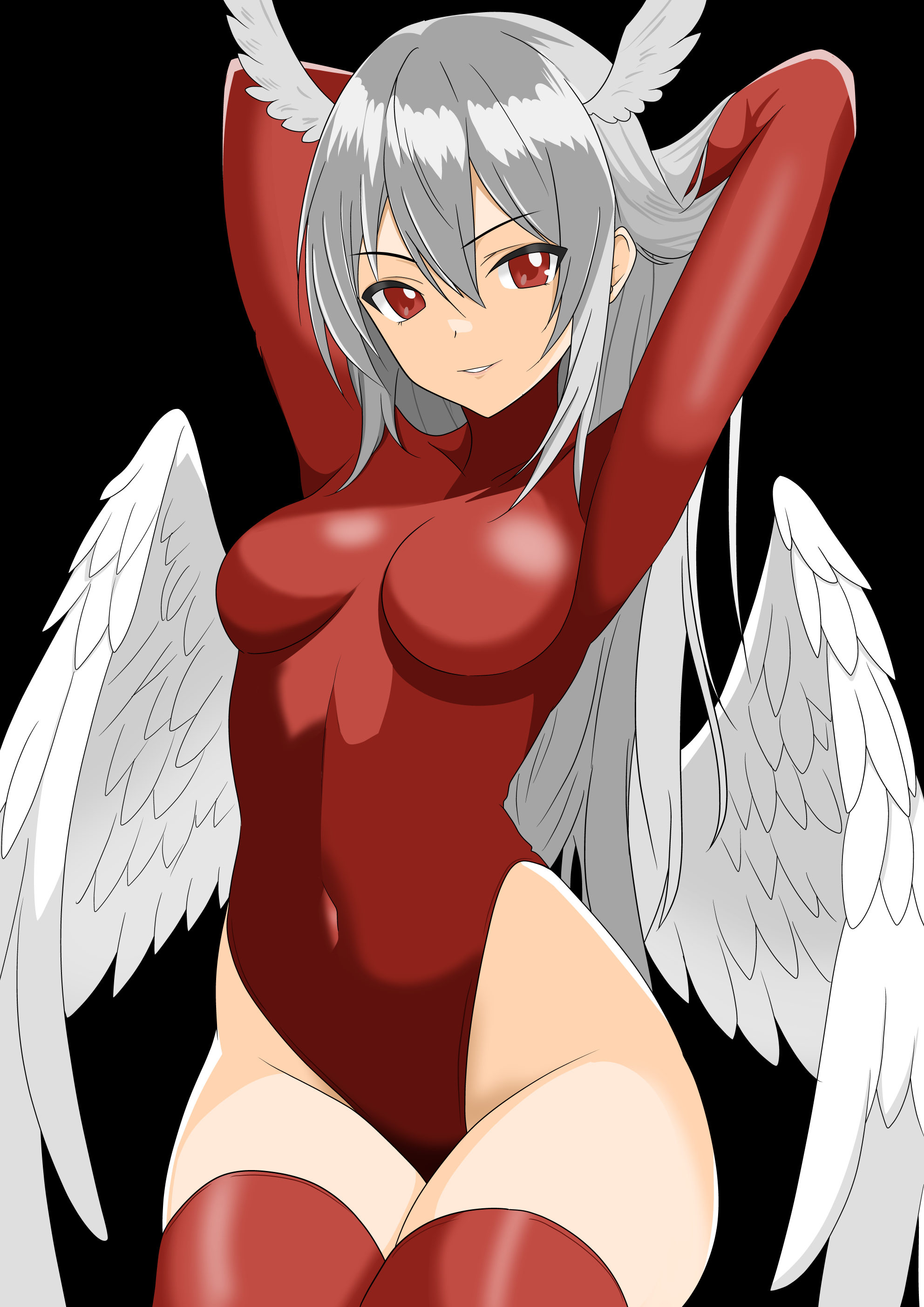 1girl absurdres angel_wings arms_up breasts covered_navel final_fantasy final_fantasy_tactics gloves grey_hair groin head_wings highleg highleg_leotard highres leotard long_hair looking_at_viewer medium_breasts red_eyes red_leotard red_thighhighs simple_background smile solo thighhighs ultima_(fft) white_hair wings yuuyuu_(3jjbn)