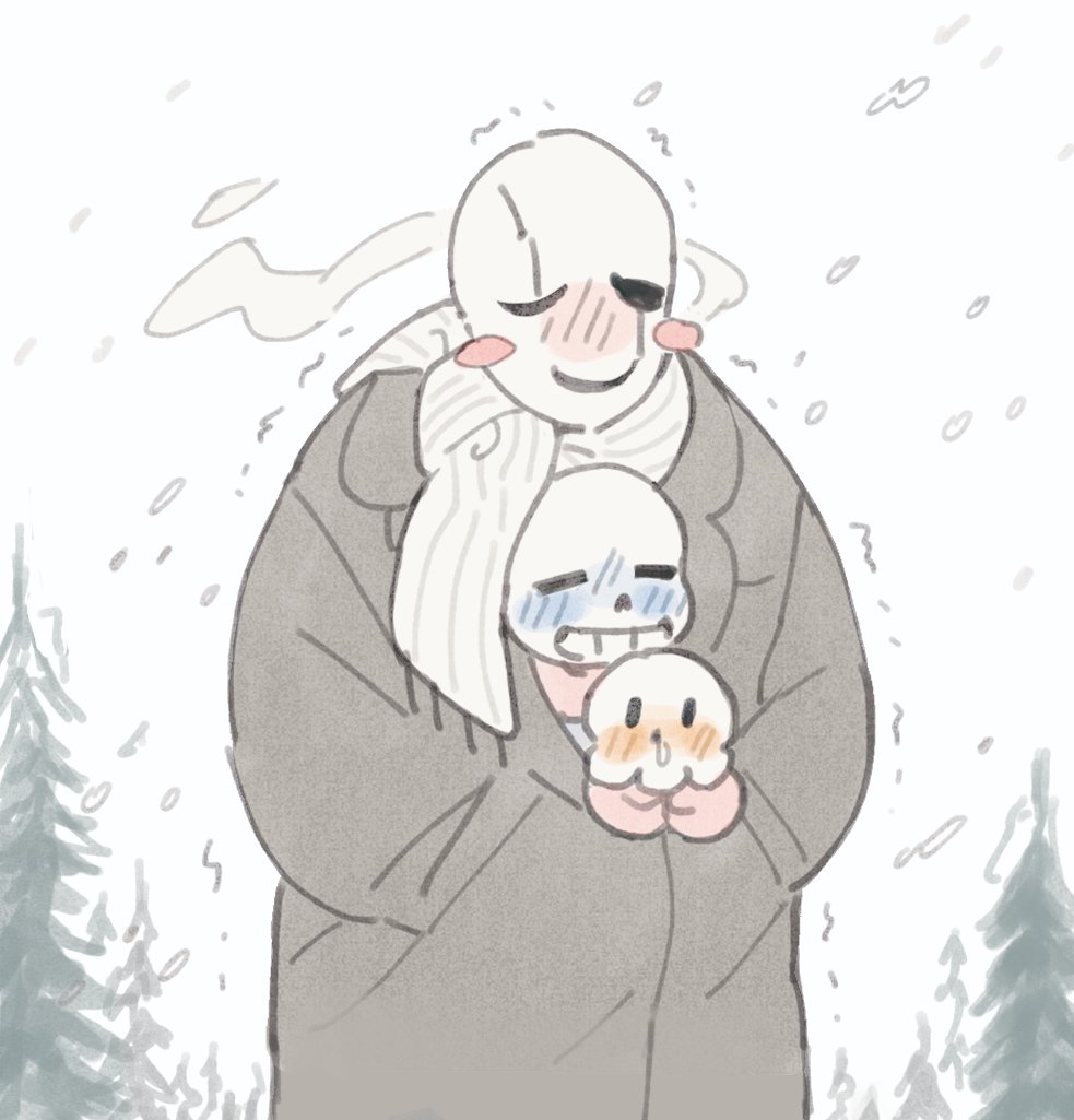 3boys =_= black_eyes blank_eyes blush blush_stickers brothers chibi chibi_only closed_eyes coat cold day grey_coat grin half-closed_eyes hands_in_pockets happy long_sleeves male_focus multiple_boys nose_blush outdoors papyrus_(undertale) pine_tree sans_(undertale) scarf shared_clothes siblings skeleton sketch smile snot snowing solid_oval_eyes taku_(taku_10288) teeth tree trembling undertale uneven_eyes w.d._gaster white_background white_scarf winter winter_clothes