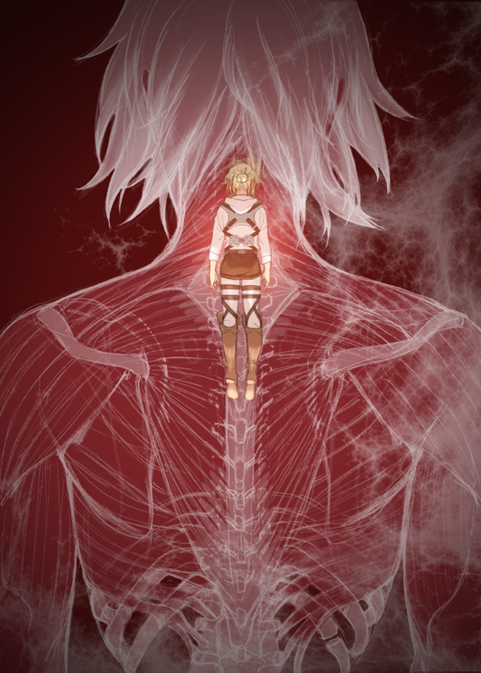 1girl annie_leonhart blonde_hair boots exposed_muscle facing_away female_titan from_behind full_body hood hood_down knee_boots leather prema-ja shingeki_no_kyojin short_hair spoilers steam three-dimensional_maneuver_gear titan_(shingeki_no_kyojin) x-ray