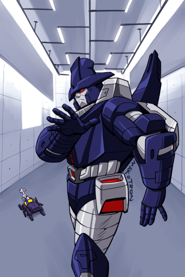 bombshell_(transformers) commentary deception english_commentary frown galvatron indoors jamiroquai looking_at_viewer makoto_ono mecha mecha_focus open_hand parody red_eyes robot transformers transformers:_generation_1 virtual_insanity_(song)