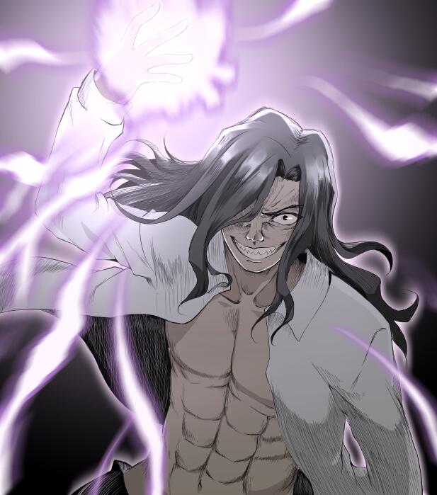 00s 1boy abs bad_id bad_twitter_id black_hair fangs hair_over_one_eye long_hair male_focus michael_roa_valdamjong open_clothes open_shirt red_eyes shirt smile solo tsukihime yasuo_(torinikukani)