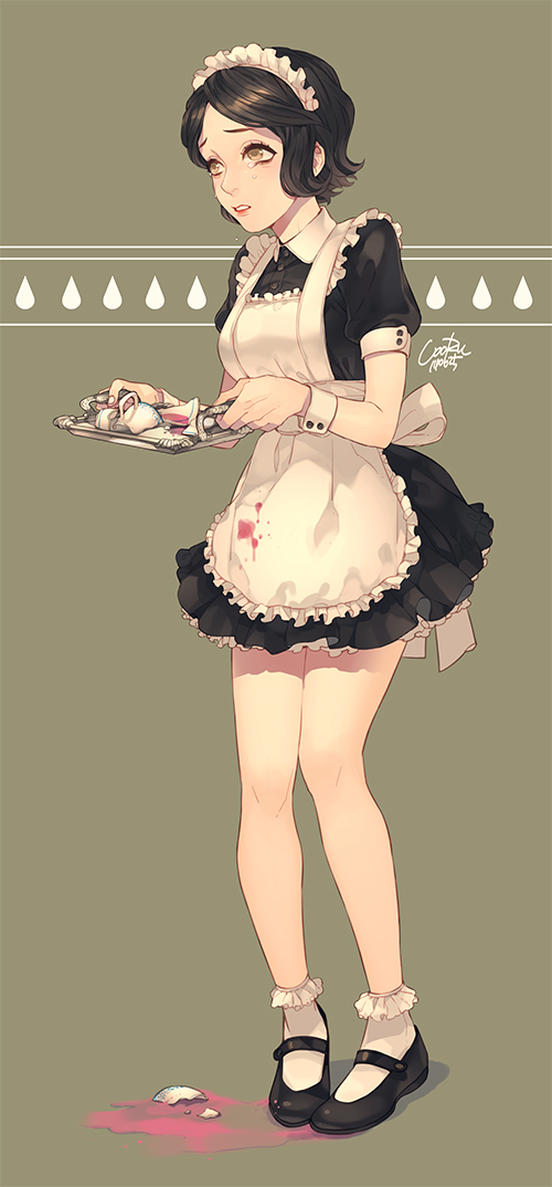 1girl apron black_dress black_hair black_shoes broken_cup brown_eyes collared_dress cooru crying crying_with_eyes_open dress frilled_dress frilled_socks frills holding holding_tray maid maid_apron maid_headdress mary_janes original pigeon-toed puffy_short_sleeves puffy_sleeves red_lips shoes short_hair short_sleeves signature simple_background socks solo tea tears tray white_apron white_socks wrist_cuffs