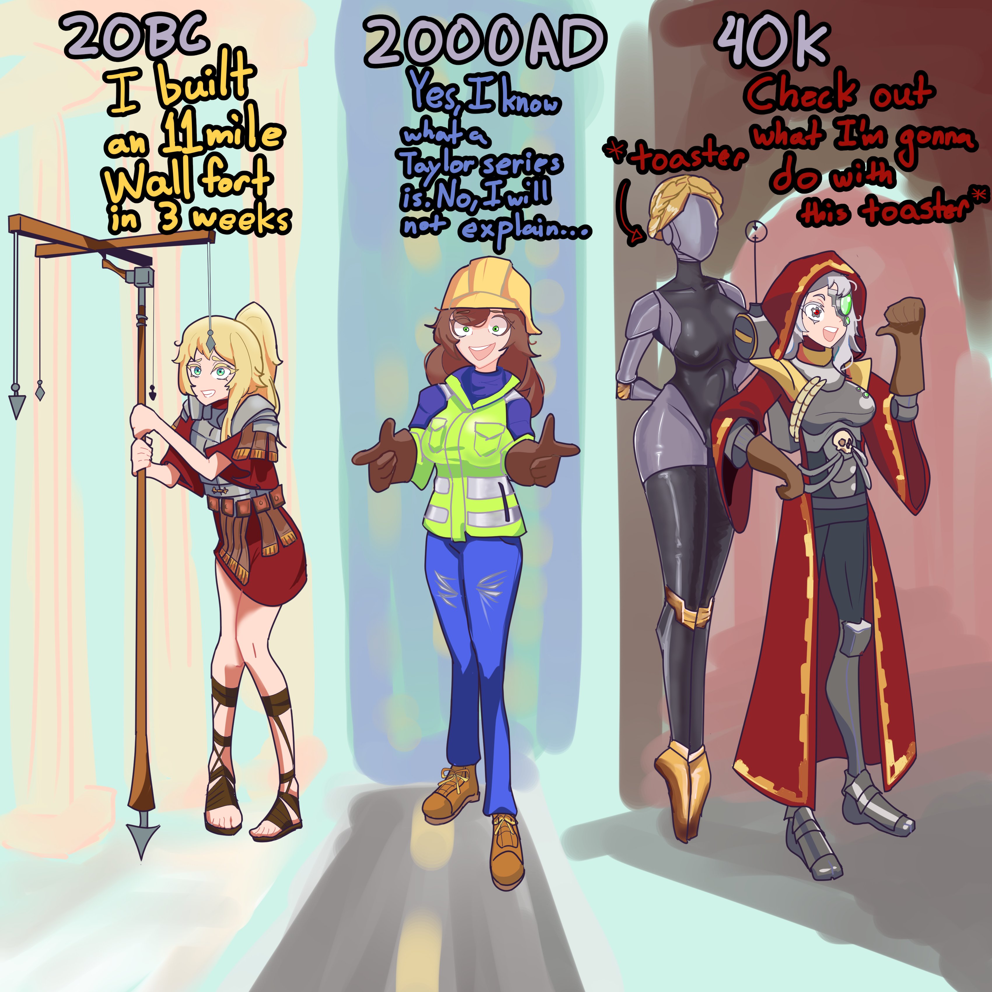 4girls absurdres adeptus_mechanicus android armor atomic_heart blonde_hair boots brown_hair cyborg dated deathekid1 engineer engineer_(centurii-chan) english_text gloves greco-roman_clothes grey_hair hard_hat helmet highres left_(atomic_heart) legionnaire multiple_girls original roman_clothes roman_empire sandals techpriest vest warhammer_40k yellow_vest