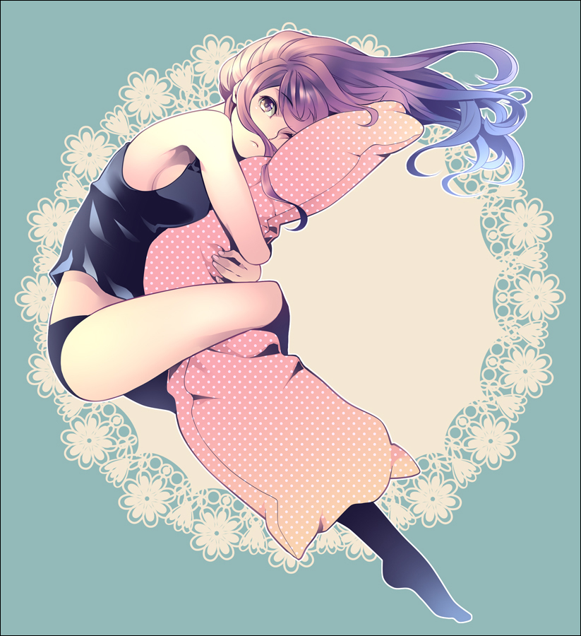 10s 1girl bad_id bad_pixiv_id ban_airi bare_shoulders devil_survivor_(series) devil_survivor_2 female_focus hugging_object kneehighs long_hair one_eye_closed pillow pillow_hug purple_hair socks solo tank_top tatsuji wink