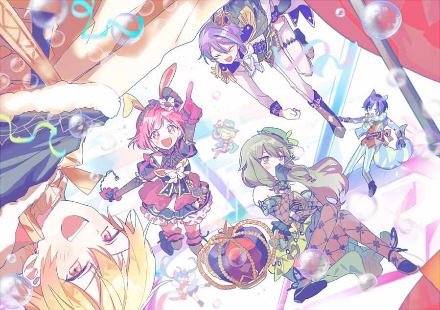 3boys 4girls :d ^_^ animal_ears black_footwear black_gloves blonde_hair blue_pants blush boots bubble closed_eyes commentary crown dress fake_animal_ears gloating gloves gold_trim green_hair green_headwear hatsune_miku kagamine_rin kaito_(vocaloid) kamishiro_rui kusanagi_nene long_hair multiple_boys multiple_girls ok_o_o ootori_emu open_mouth pants pink_dress pink_eyes pink_gloves pink_hair project_sekai purple_eyes purple_hair rabbit_ears smile tenma_tsukasa vocaloid white_pants wonderlands_x_showtime_(project_sekai) wonderlands_x_showtime_kaito wonderlands_x_showtime_miku wonderlands_x_showtime_rin yellow_eyes
