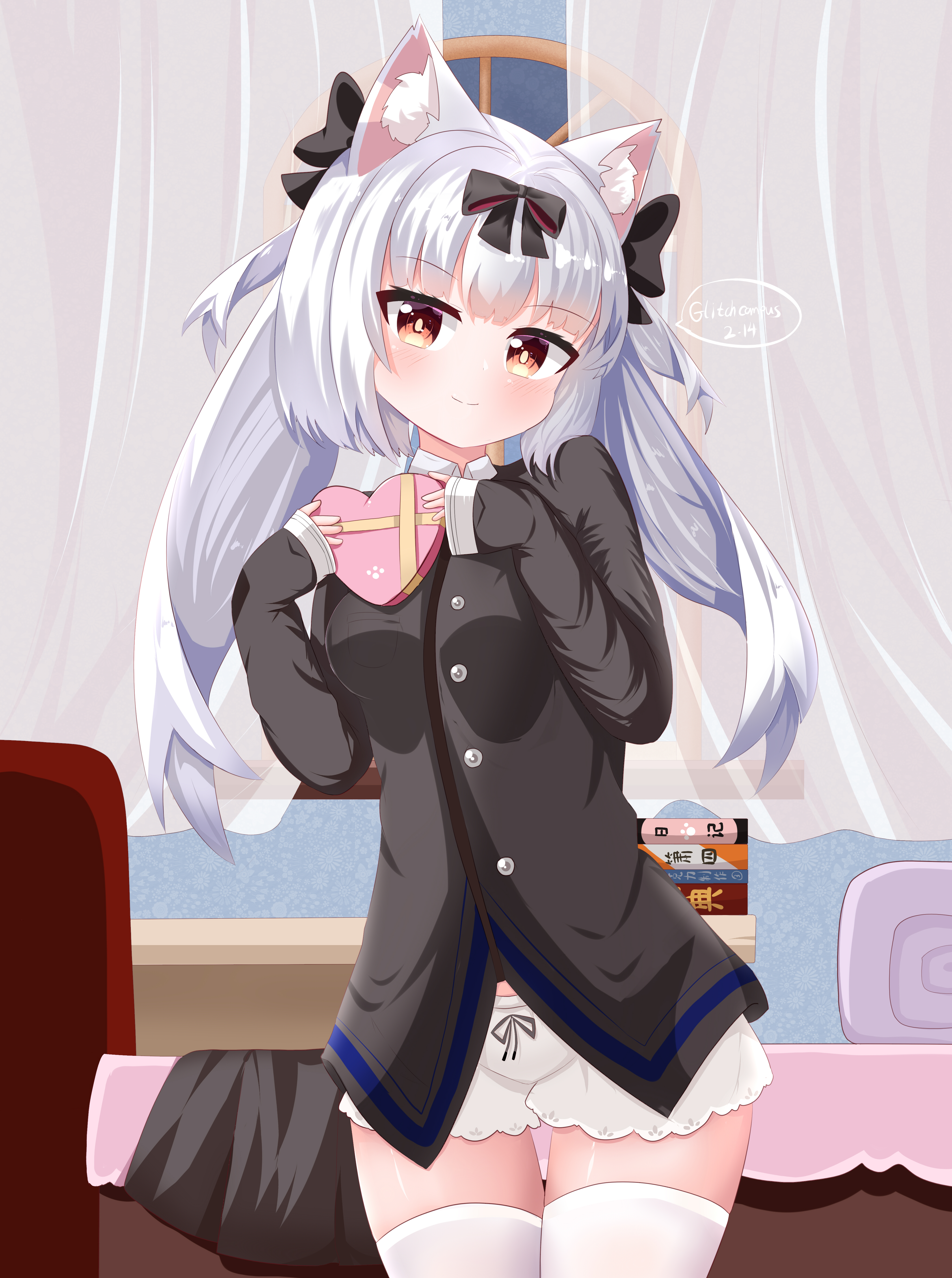 absurdres animal_ear_fluff animal_ears azur_lane bed black_ribbon black_shirt cat_ears glitchcampus hair_ornament hair_ribbon heart highres ribbon shirt shorts sleepwear smile thighhighs thighs valentine valentine valentine_chocolate white_hair white_thighhighs yellow_eyes yukikaze_(azur_lane)