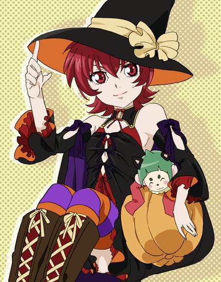 1girl black_dress boots closed_mouth dress fumiko_(mesushi) green_hair halloween hat iria_animi lace-up_boots looking_at_viewer pumpkin red_dress red_eyes red_hair short_hair simple_background skirt smile solo striped_clothes striped_thighhighs tales_of_(series) tales_of_innocence thighhighs witch_hat