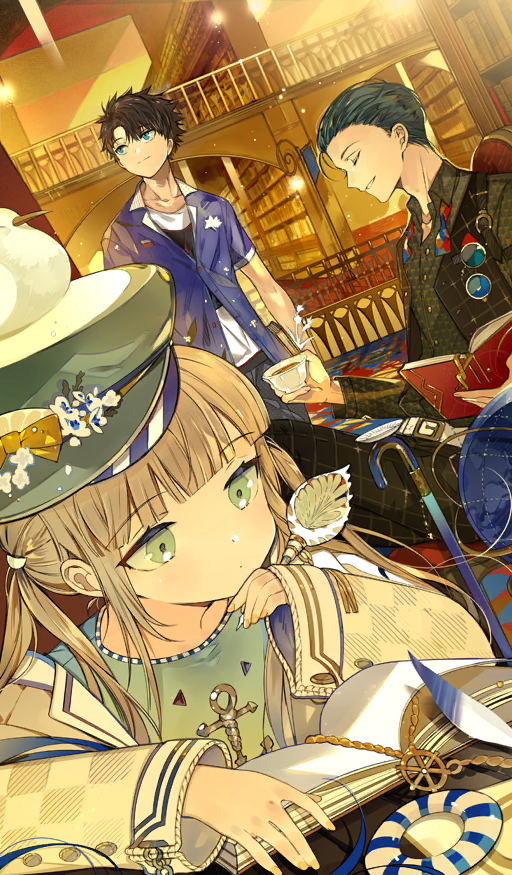 3boys anchor androgynous animal animal_on_head armchair belt belt_buckle bird bird_on_head black_pants black_vest blonde_hair blue_eyes blue_hair blue_shirt blunt_bangs book bookmark bow bowtie brown_hair buckle buttons cane captain_nemo_(fate) captain_nemo_(reading_holiday)_(fate) chair closed_eyes closed_mouth collarbone colored_lapels commentary crossed_legs cup curtained_hair dot_mouth dress_shirt drink dutch_angle eyewear_hang fate/grand_order fate_(series) feathers fingernails fujimaru_ritsuka_(male) green_eyes green_hat green_shirt hair_slicked_back hand_on_own_chin hat holding holding_book holding_cup indoors jacket lapels library light_particles long_sleeves looking_down looking_up male_focus multiple_boys nemo_(fate) notched_lapels novum_chaldea official_alternate_costume official_art on_head open_book open_clothes open_vest orange_background pants parted_lips partially_unbuttoned peaked_cap plaid_clothes plaid_pants print_shirt reading saucer sherlock_holmes_(fate) shirt shirt_under_shirt short_hair short_sleeves sidelocks sitting smile standing suou_(sdurorhr) teacup teeth third-party_source twintails undone_bowtie unworn_eyewear vest waistcoat white_belt white_jacket white_shirt wing_collar yellow_nails