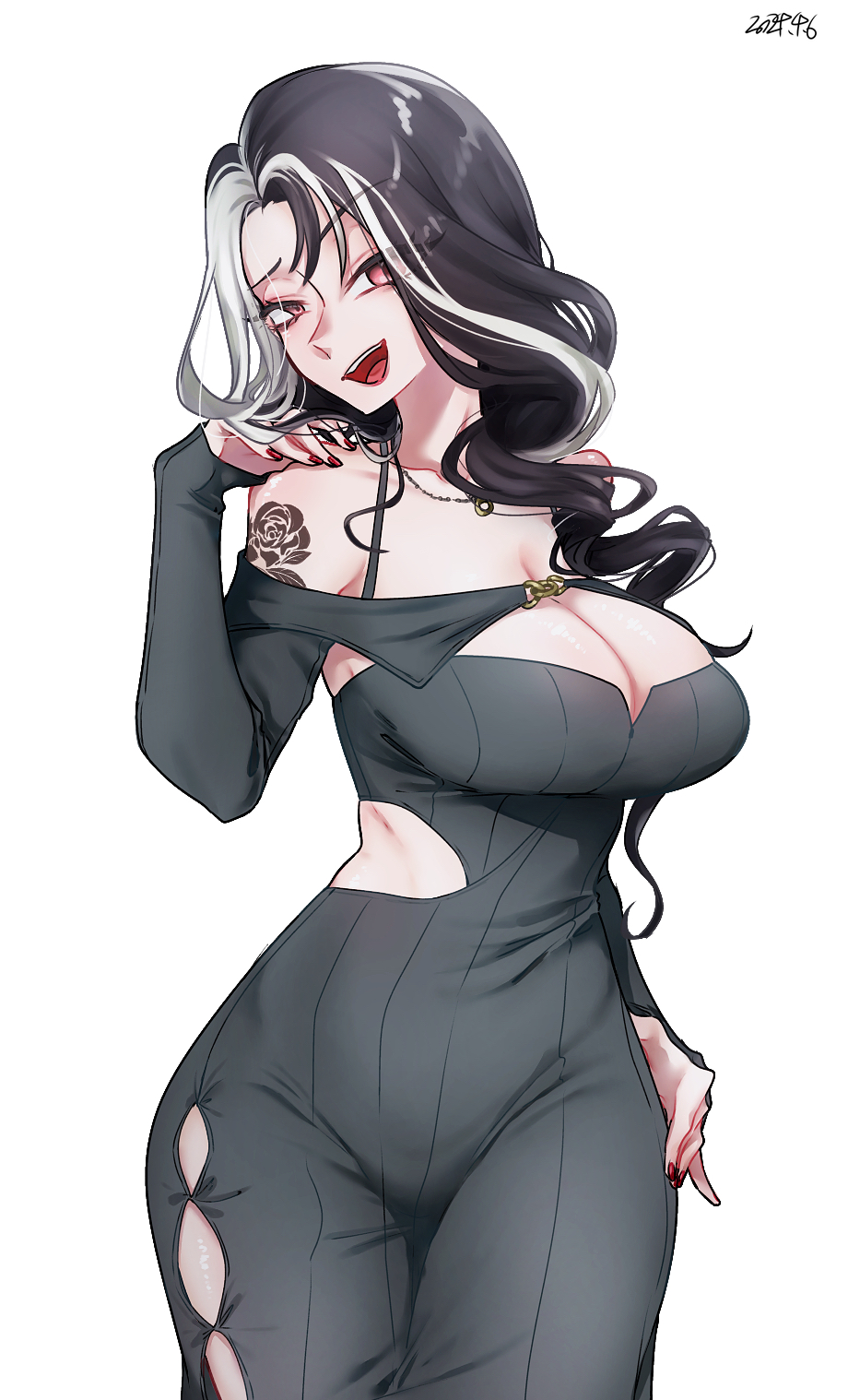 1girl bare_shoulders bibie307 black_hair breasts cleavage dress goddess_of_victory:_nikke highres large_breasts long_hair looking_at_viewer multicolored_hair official_alternate_costume open_mouth red_eyes rosanna_(ms.dangerous)_(nikke) rosanna_(nikke) smile solo split-color_hair tattoo thighhighs two-tone_hair white_hair