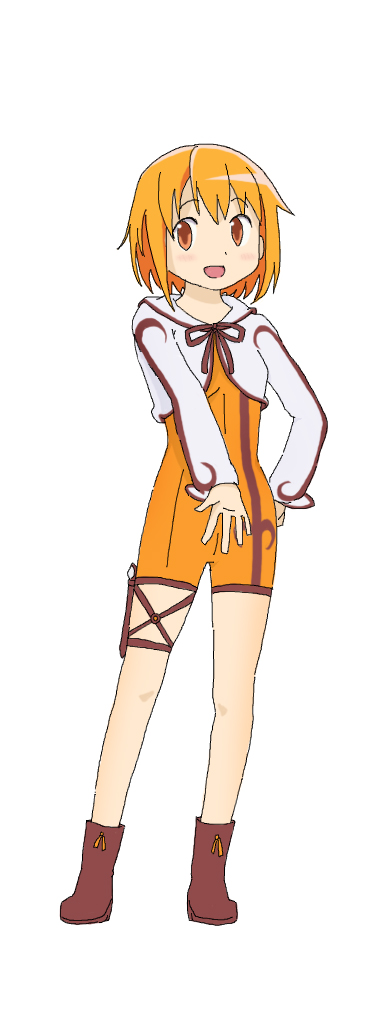 10s 1girl boots bow female_focus hood hooded_jacket jacket llio magical_girl mahou_shoujo_kazumi_magica mahou_shoujo_madoka_magica maki_kaoru matching_hair/eyes official_style orange_eyes orange_hair short_hair shorts smile solo
