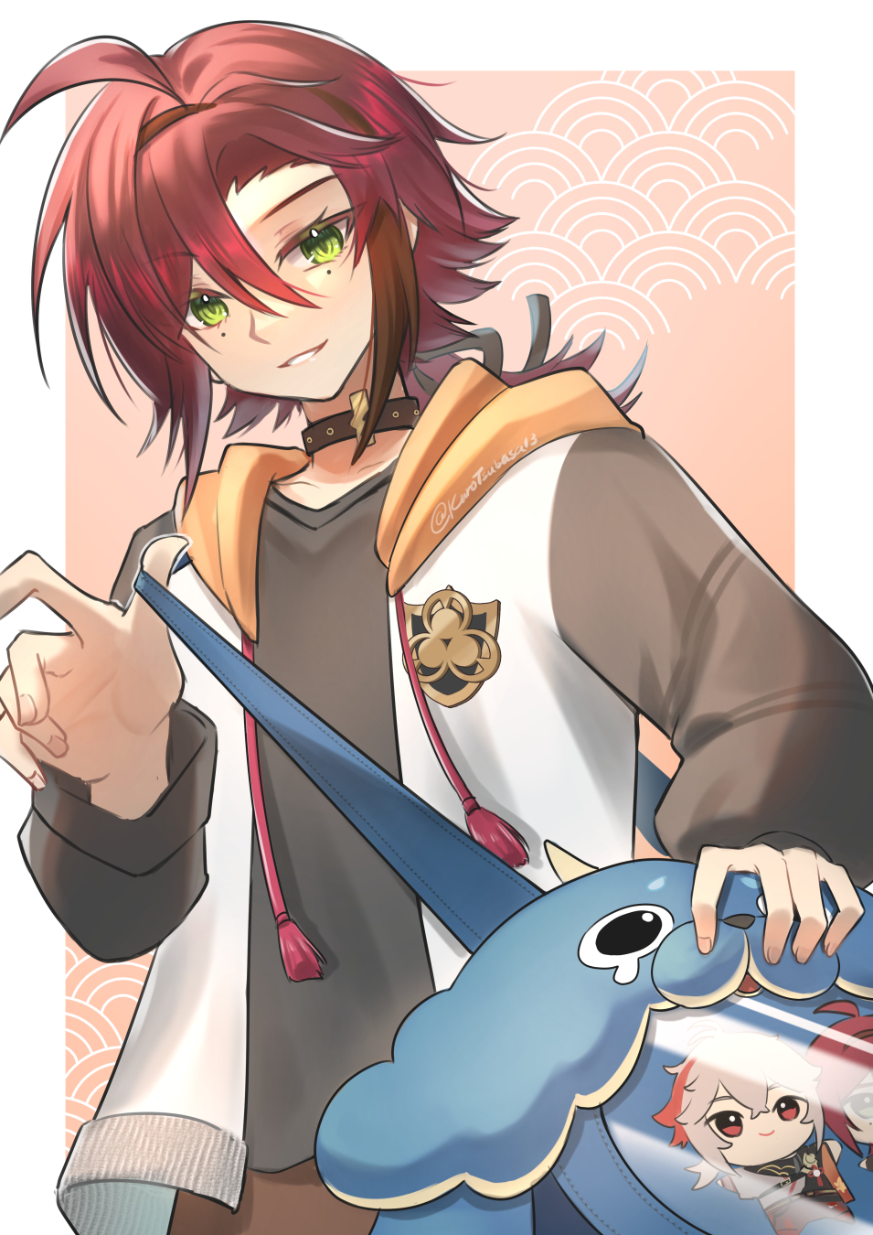 1boy blubberbeast_(genshin_impact) genshin_impact green_eyes hair_between_eyes highres hood hooded_jacket hoodie jacket kaedehara_kazuha kuro_tsubasa leisurely_otter_(genshin_impact) long_sleeves looking_at_viewer male_focus mole mole_under_eye multicolored_hair red_hair shikanoin_heizou smile solo streaked_hair white_jacket yellow_hoodie