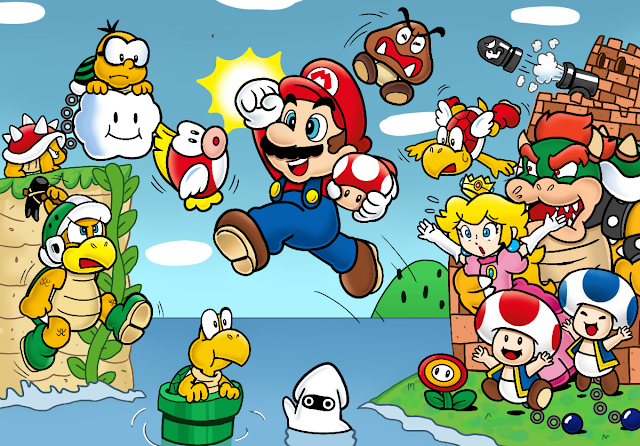 angry blonde_hair blooper_(mario) blue_eyes bowser bullet_bill castle cheep_cheep crown day derivative_work fire_flower goomba grin hammer hammer_bro horns jump koopa_troopa lakitu mario mario_(series) nintendo open_mouth para_troopa princess_peach red_hair smile smoking_pipe spiny super_mario_bros._1 super_mushroom toad_(mario) water