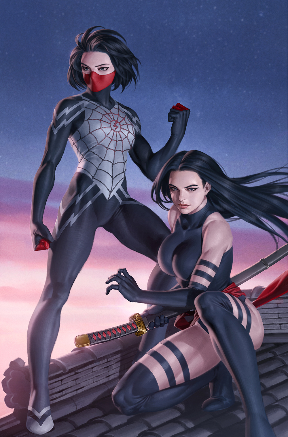 2girls black_bodysuit black_gloves black_hair black_leotard black_thighhighs bodysuit breasts cindy_moon clenched_hands elbow_gloves gloves grey_bodysuit highres holding holding_sword holding_weapon katana large_breasts leotard long_hair marvel mask mouth_mask multiple_girls on_one_knee outdoors psylocke red_mask short_hair silk_(marvel) small_breasts spider-man_(series) superhero_costume sword thighhighs two-tone_bodysuit weapon x-men yoon_junggeun