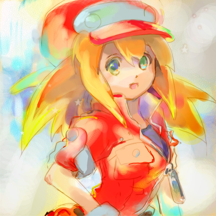 1girl blonde_hair breasts newsboy_cap commentary_request dinef female_focus green_eyes hat jacket long_hair looking_at_viewer mega_man_(series) mega_man_legends_(series) mega_man_legends_3 red_jacket roll_caskett_(mega_man) smile solo