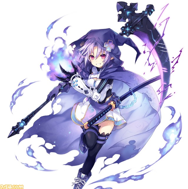 1girl blue_fire chain cloak d-pad d-pad_hair_ornament electricity fire fusion gauntlets gloves hair_ornament hiro_(spectral_force) hirotune holding_behind_back holding_polearm holding_polearm_behind_back holding_weapon holding_weapon_behind_back hood idea_factory katana mega_miracle_force neptune_(neptunia) neptune_(series) official_art polearm purple_hair red_eyes shoes skirt skull smile sneakers spectral_(series) spectral_force sword thighhighs weapon zettai_ryouiki