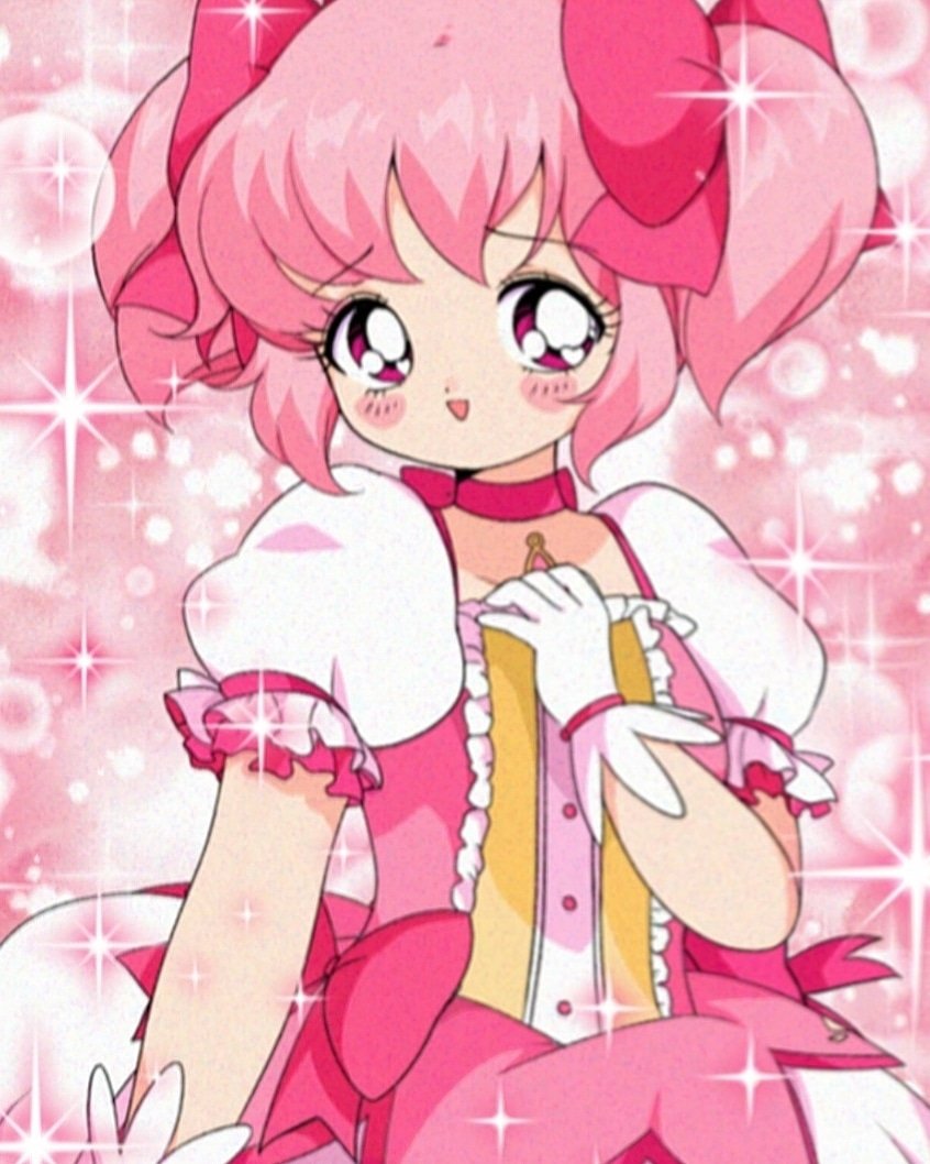 1990s_(style) 1girl bad_id bad_twitter_id bishie_sparkle blush_stickers bow bow_choker bright_pupils bubble bubble_skirt buttons center_frills chest_jewel choker commentary cowboy_shot dot_nose dress dress_bow english_commentary eyelashes faux_retro_artstyle frilled_dress frilled_sleeves frills gem gloves hair_bow hand_on_own_chest happy heart heart_in_eye honeymoonpetal kaname_madoka light_particles looking_at_viewer magical_girl mahou_shoujo_madoka_magica mahou_shoujo_madoka_magica_(anime) miniskirt open_mouth pink_background pink_bow pink_choker pink_dress pink_eyes pink_gemstone pink_hair pink_theme puffy_short_sleeves puffy_sleeves retro_artstyle short_dress short_hair short_sleeves short_twintails skirt skirt_under_dress smile solo sparkle square_neckline symbol_in_eye tareme twintails white_gloves white_pupils white_skirt white_sleeves