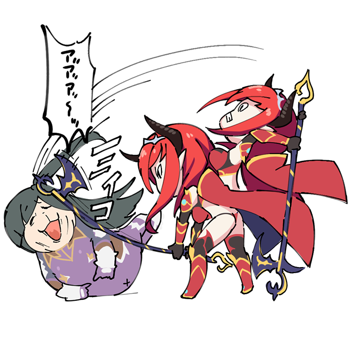2girls :3 ass axe battle_axe blush_stickers bodysuit character_request covered_navel fat forced full_body hair_over_one_eye holding holding_axe holding_staff horns ichimonji_meiko long_hair looking_at_another lying manatee multiple_girls on_side pain parody pun red_hair shiny_clothes shiny_skin side_ponytail skin_tight smile staff taimanin_(series) taimanin_rpgx taimanin_suit taimanun translation_request very_long_hair violence weapon what wide_hips