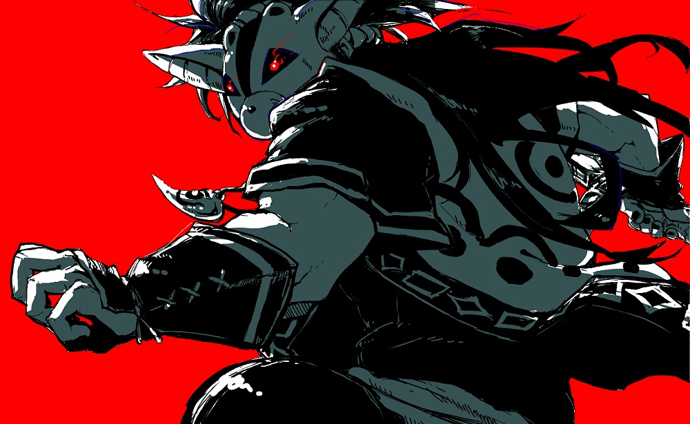 1boy action bad_id bad_pixiv_id fingerless_gloves gloves long_hair male_focus mask oki okikurumi_(ookami) ookami_(game) red_theme shadow solo