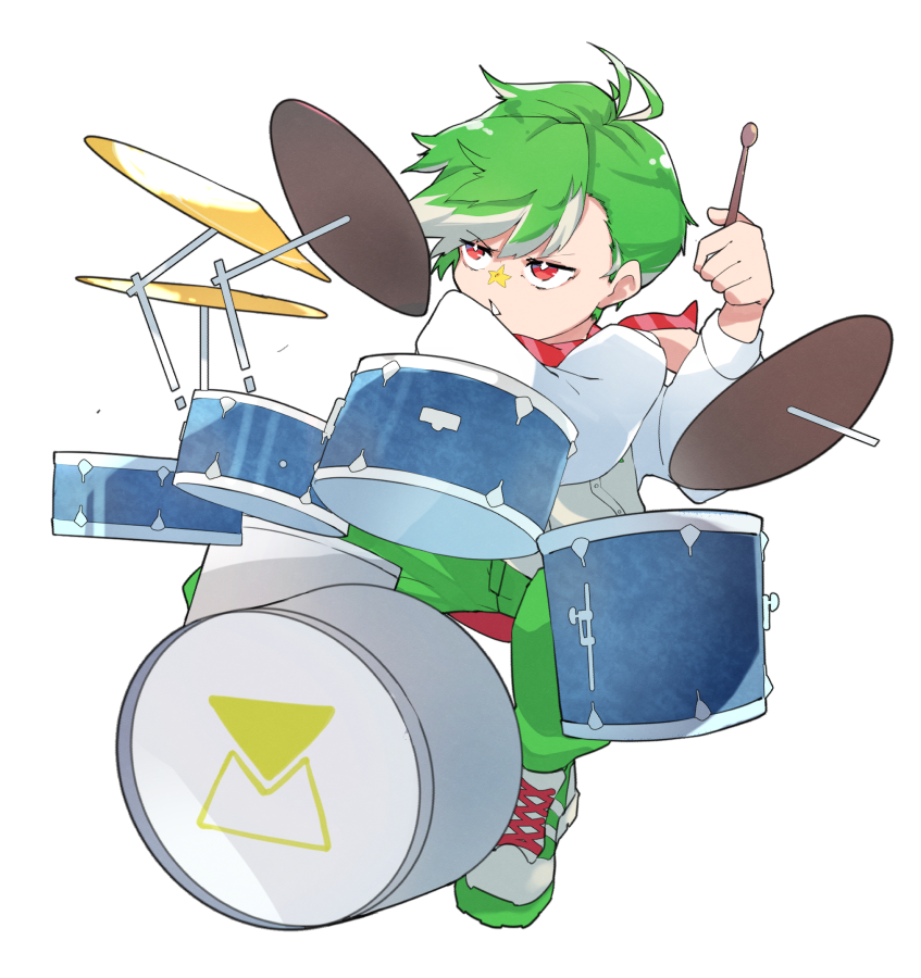 1boy commentary commentary_request cymbals daimonji_ryugon drum drum_set drumsticks english_commentary green_hair green_pants holding holding_drumsticks instrument long_sleeves mixed-language_commentary pants red_scarf ryo_(ryo_skrdi) scarf shirt short_hair sitting solo transparent_background virtual_youtuber voms white_shirt
